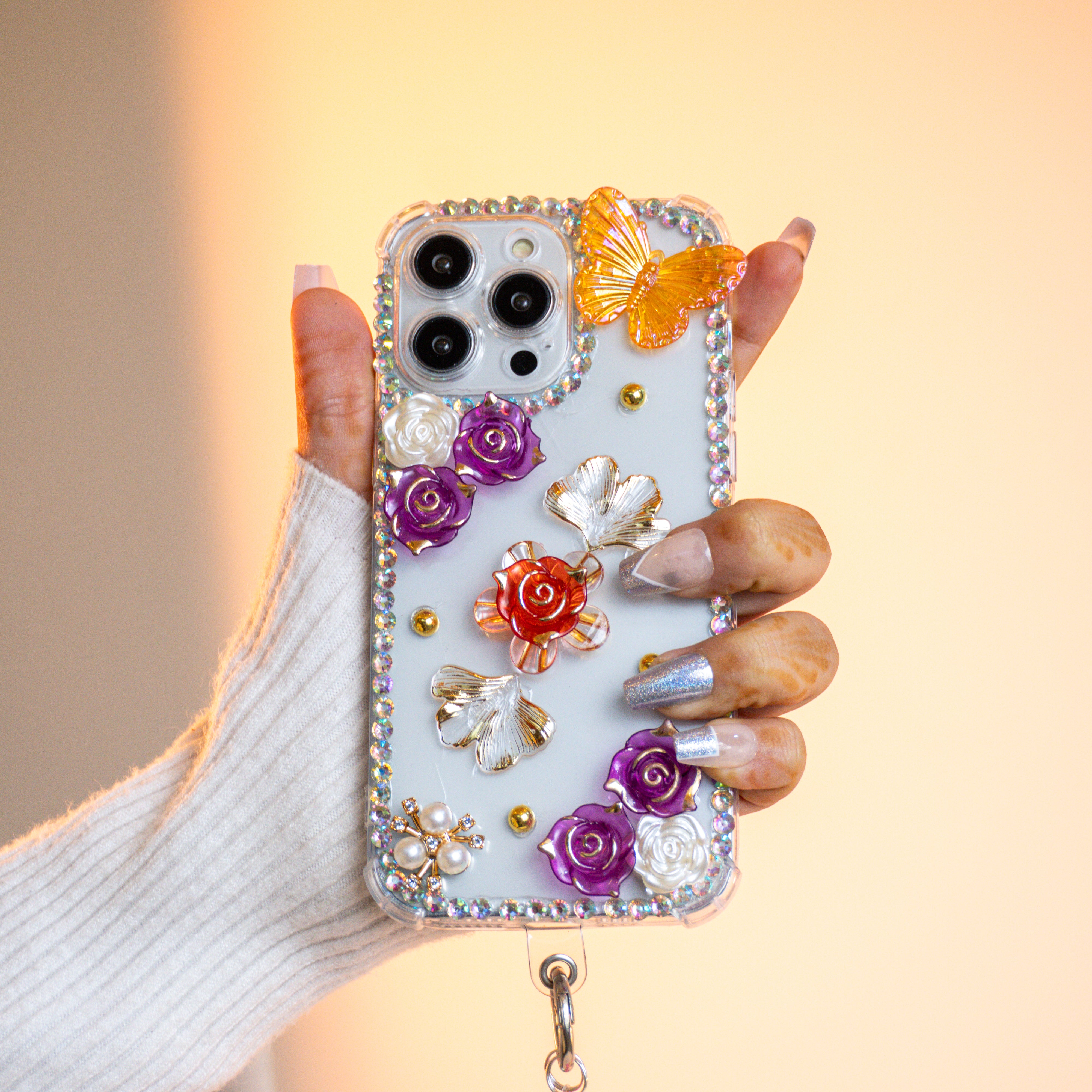 Luxury 3D Floral Butterfly Phone Case with Pearl Strap Silicon Phone Case For iPhone 15