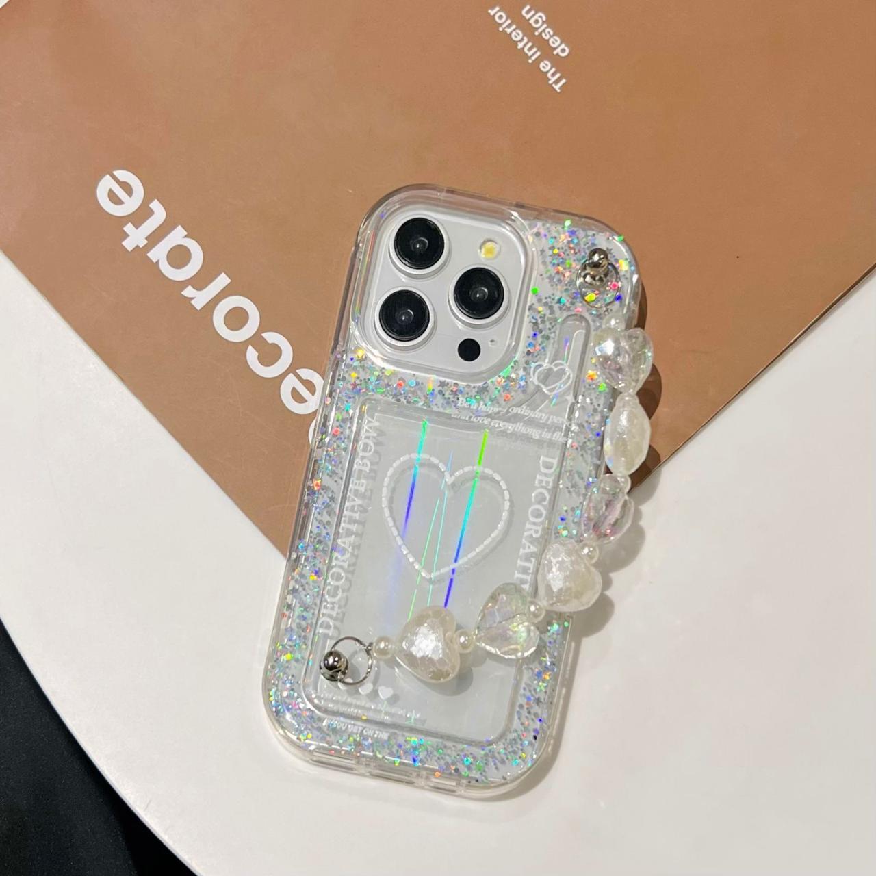 Decorative Bow Glitter Heart With Heart Chain Silicon Phone Cases For iPhone 12 Pro