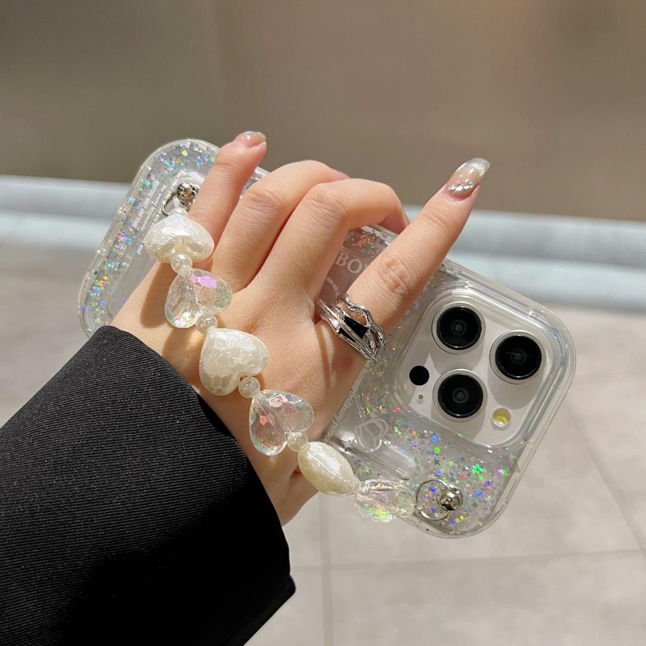 Decorative Bow Glitter Heart With Heart Chain Silicon Phone Cases For iPhone 15 Plus