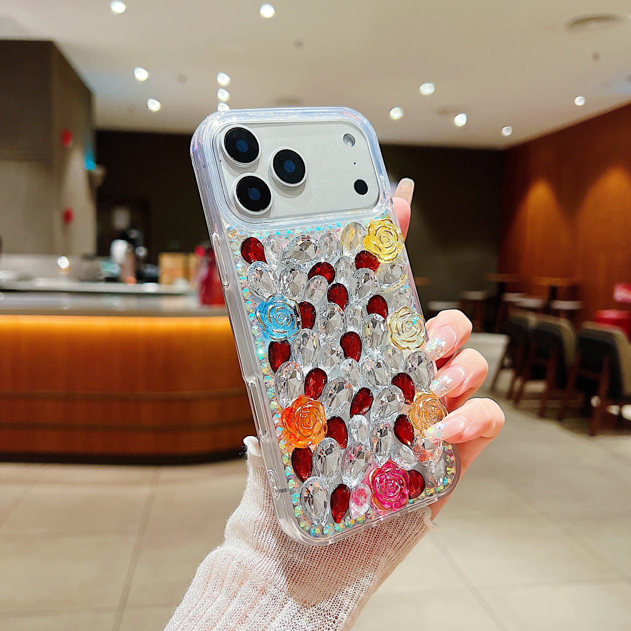 Rainbow Rose Crystal Phone Case – 3D Multicolor Flower & Diamond Gem Case For iPhone 17 Pro Max