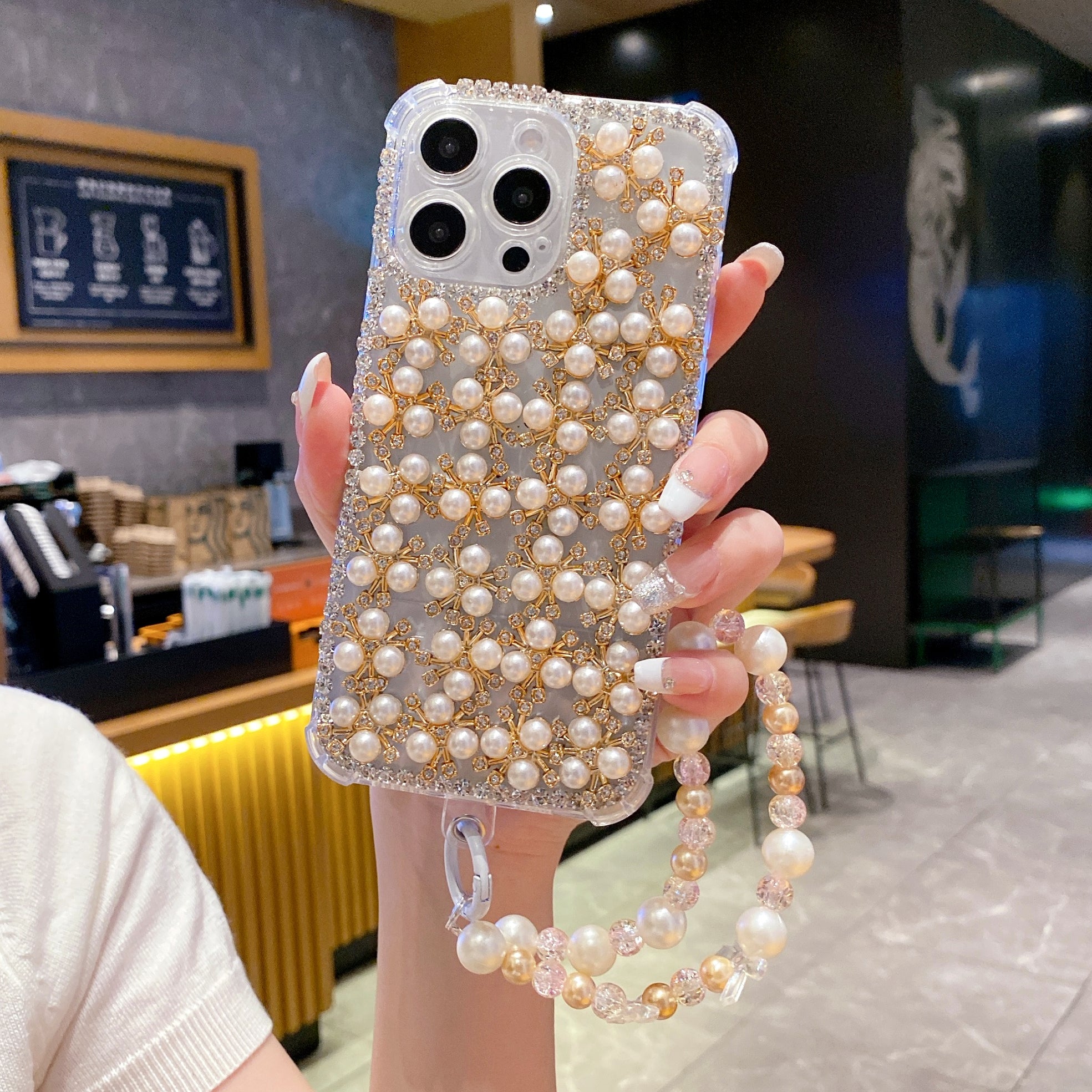 Elegant Pearl & Crystal Embellished Silicon Phone Case with Beaded Strap For iPhone 16 Pro Max