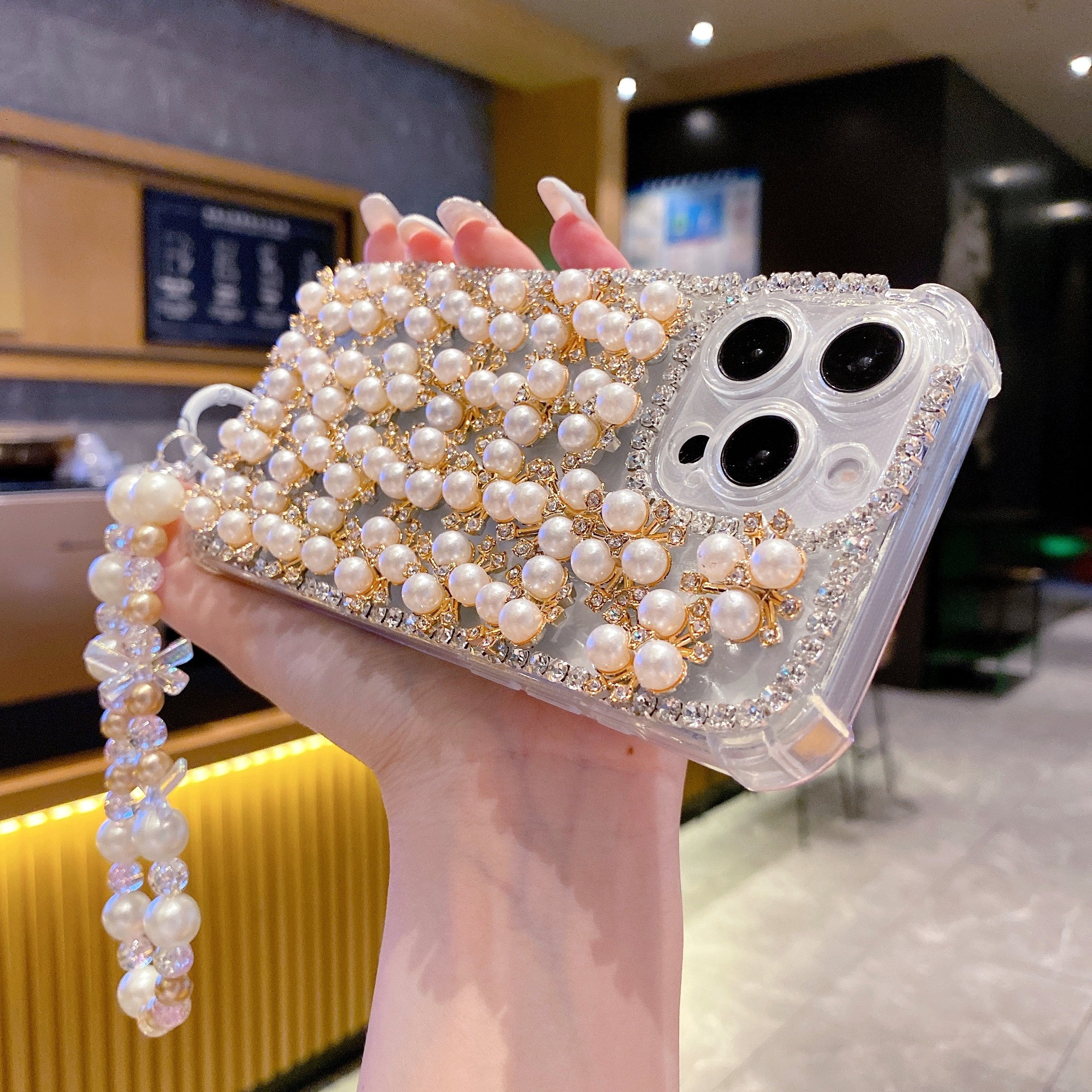 Elegant Pearl & Crystal Embellished Silicon Phone Case with Beaded Strap For iPhone 16 Pro Max