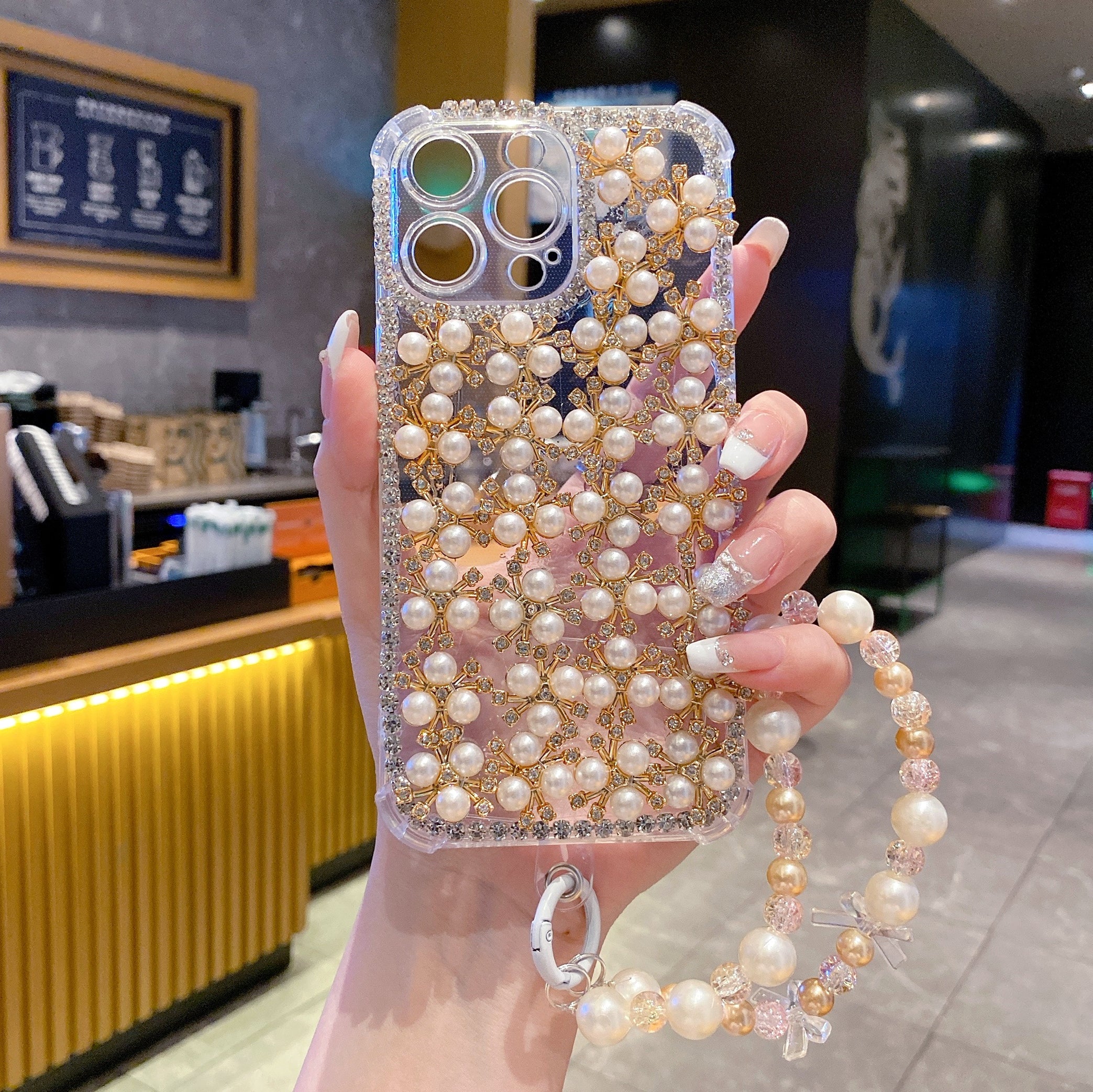 Elegant Pearl & Crystal Embellished Silicon Phone Case with Beaded Strap For iPhone 16 Pro Max