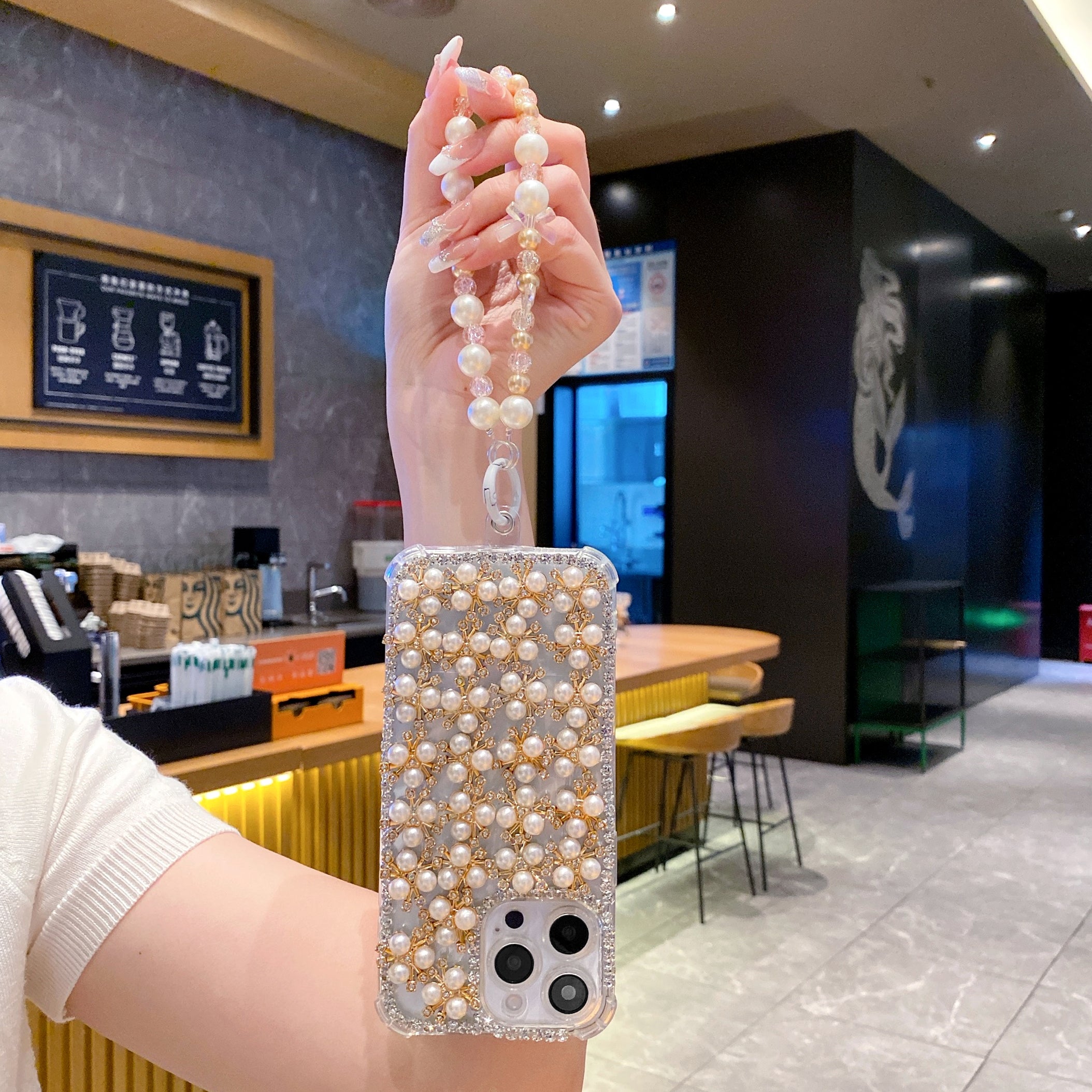 Elegant Pearl & Crystal Embellished Silicon Phone Case with Beaded Strap For iPhone 16 Pro Max