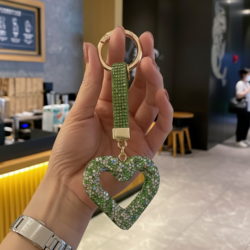 Emerald Green Crystal Heart Phone Charm - Luxury Bling Keychain for Backpacks & Purses