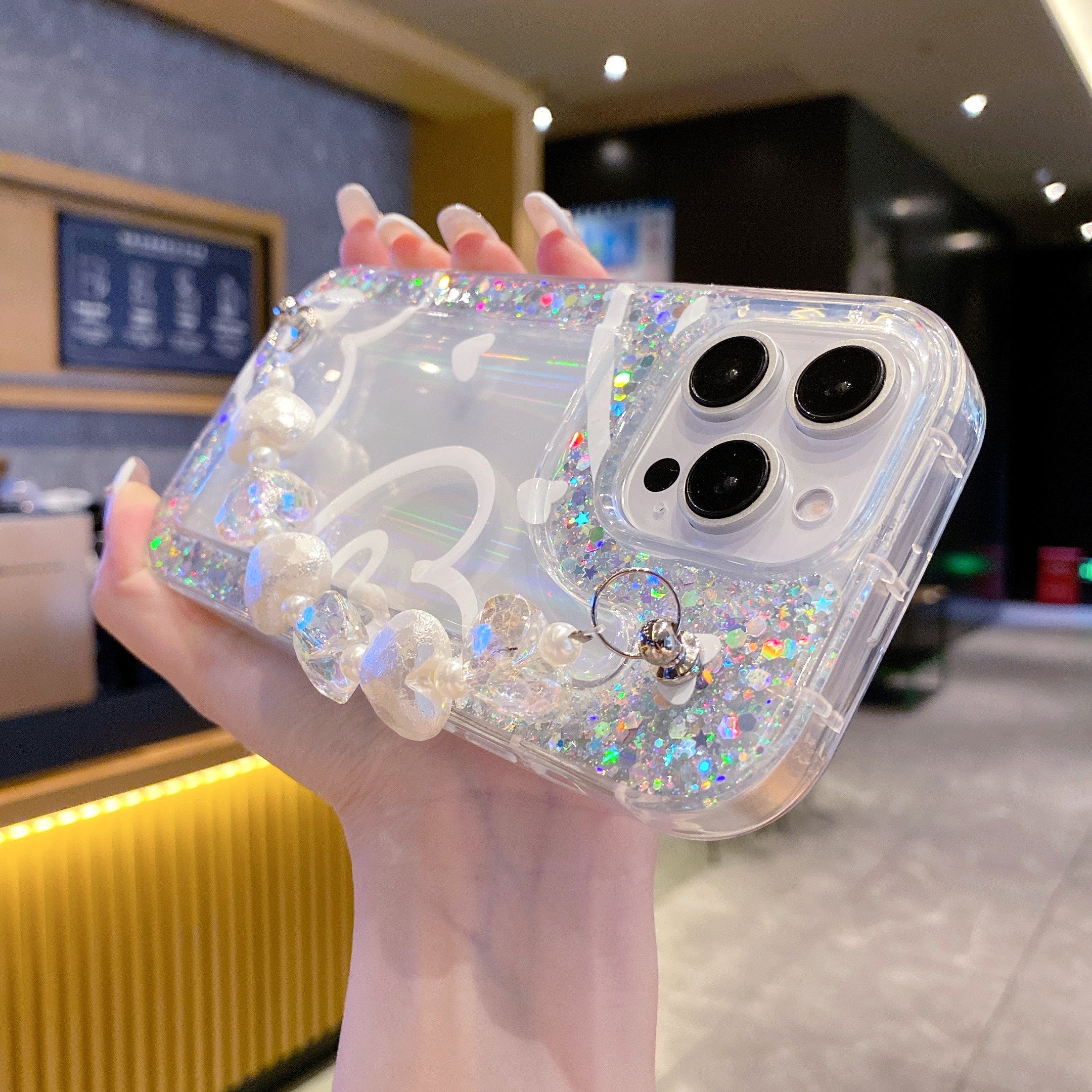 Glitter Heart With Heart Chain Silicon Phone Cases For iPhone 14 Pro Max