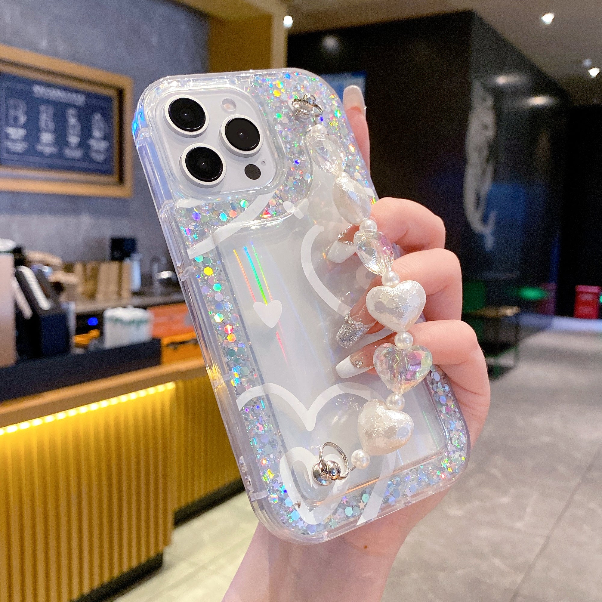 Glitter Heart With Heart Chain Silicon Phone Cases For iPhone 14 Pro Max