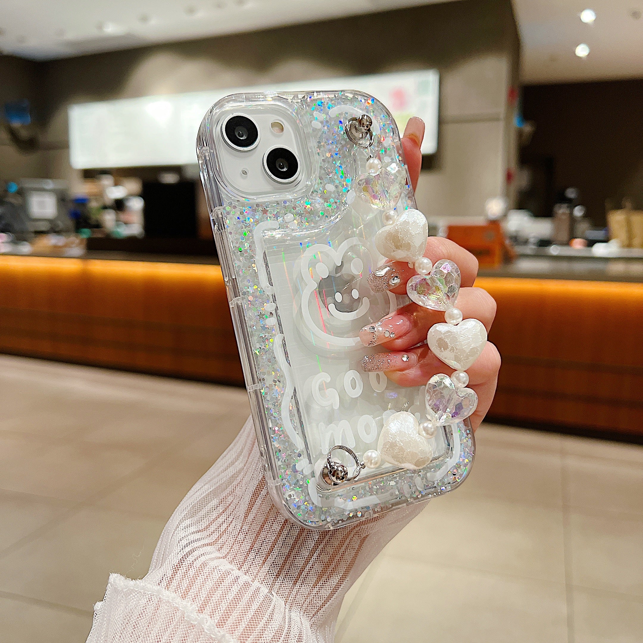 Good Morning Glitter With Chain Silicon Phone Cases For iPhone 14 Plus