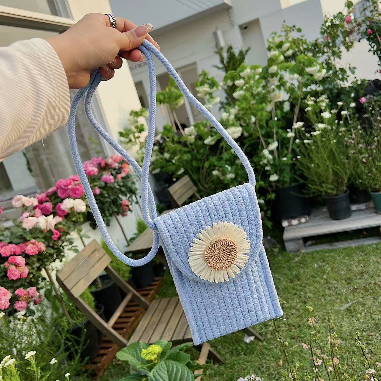 Stylish Flower Jute Sling Bag Silicon Phone Cases For iPhone 16