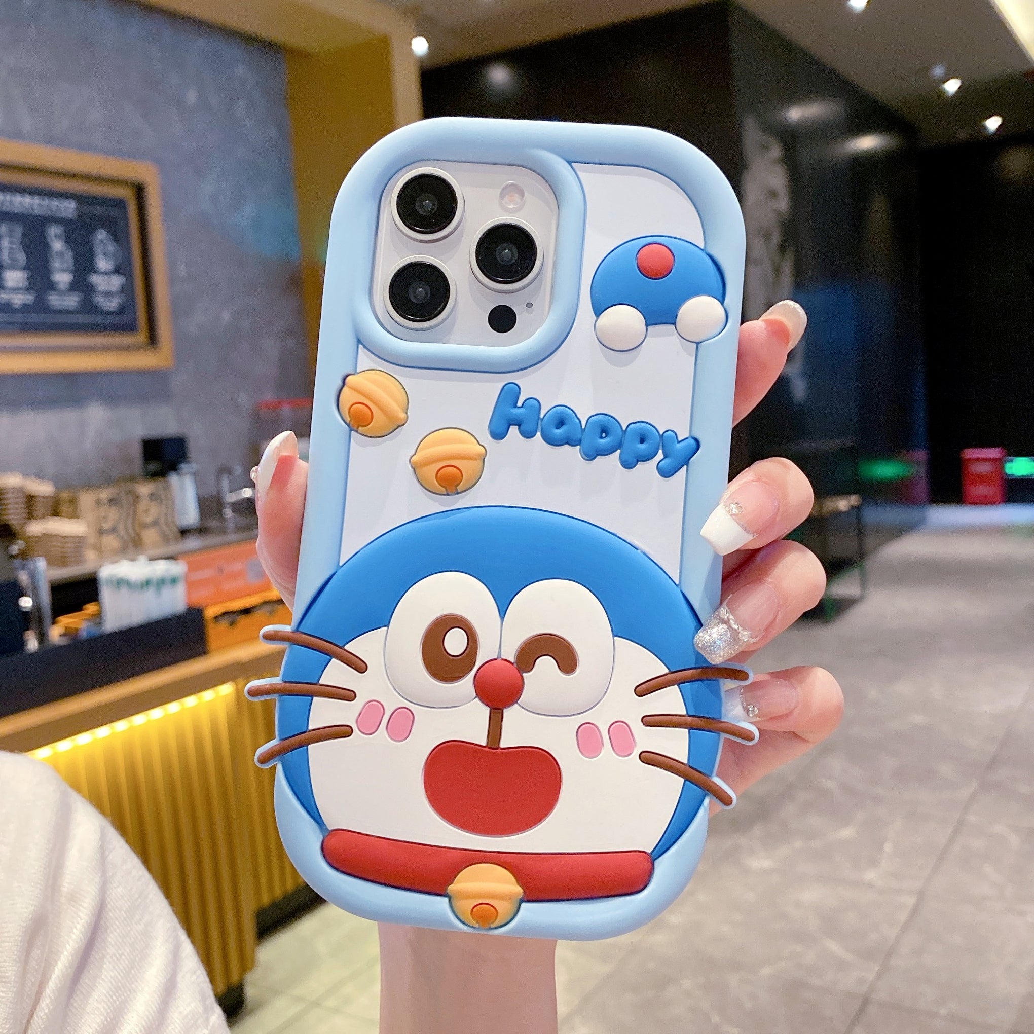 Happy Doraemon Silicon Phone Case For iPhone 15 Plus (Universal Camera Cut)
