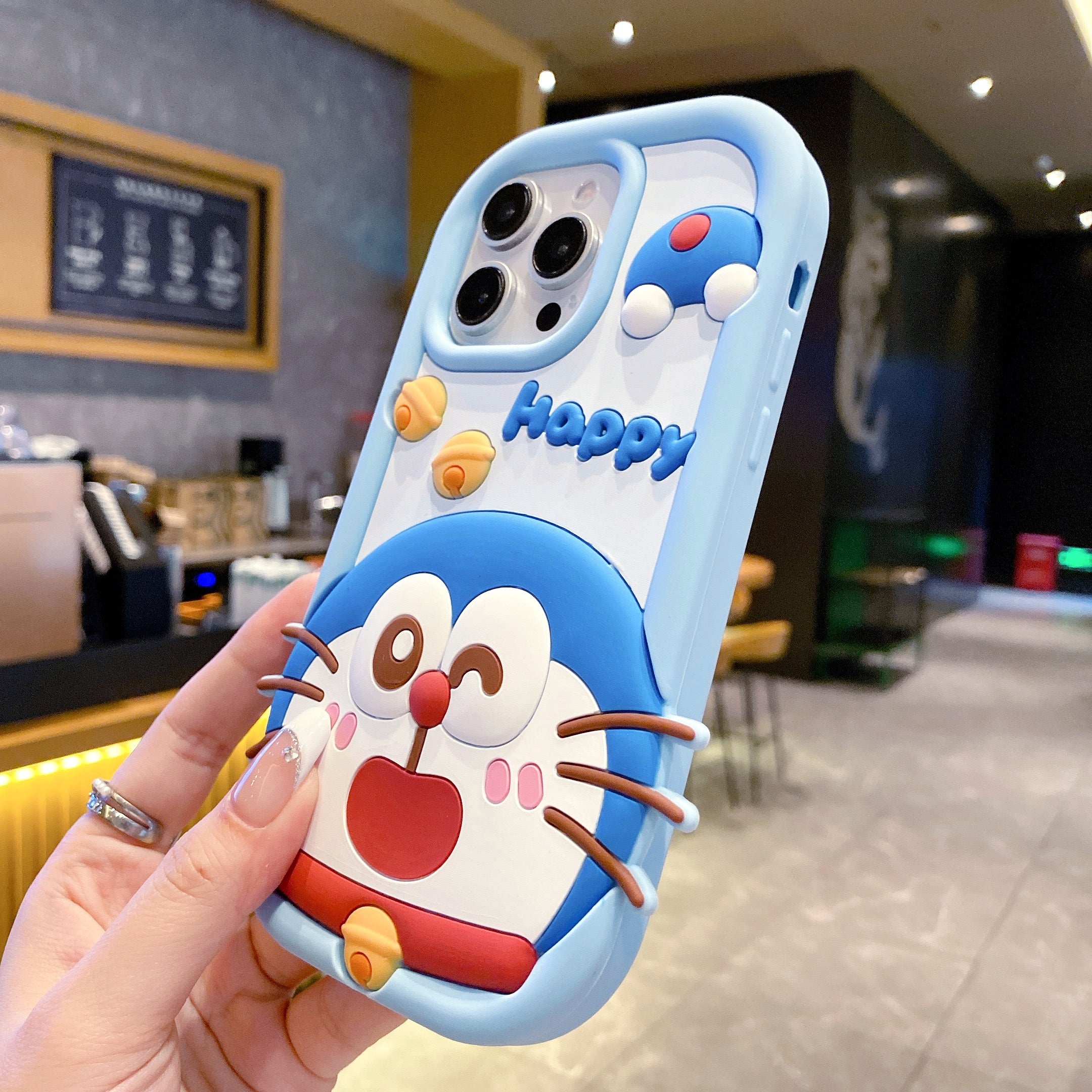Happy Doraemon Silicon Phone Case For iPhone 15 Plus (Universal Camera Cut)