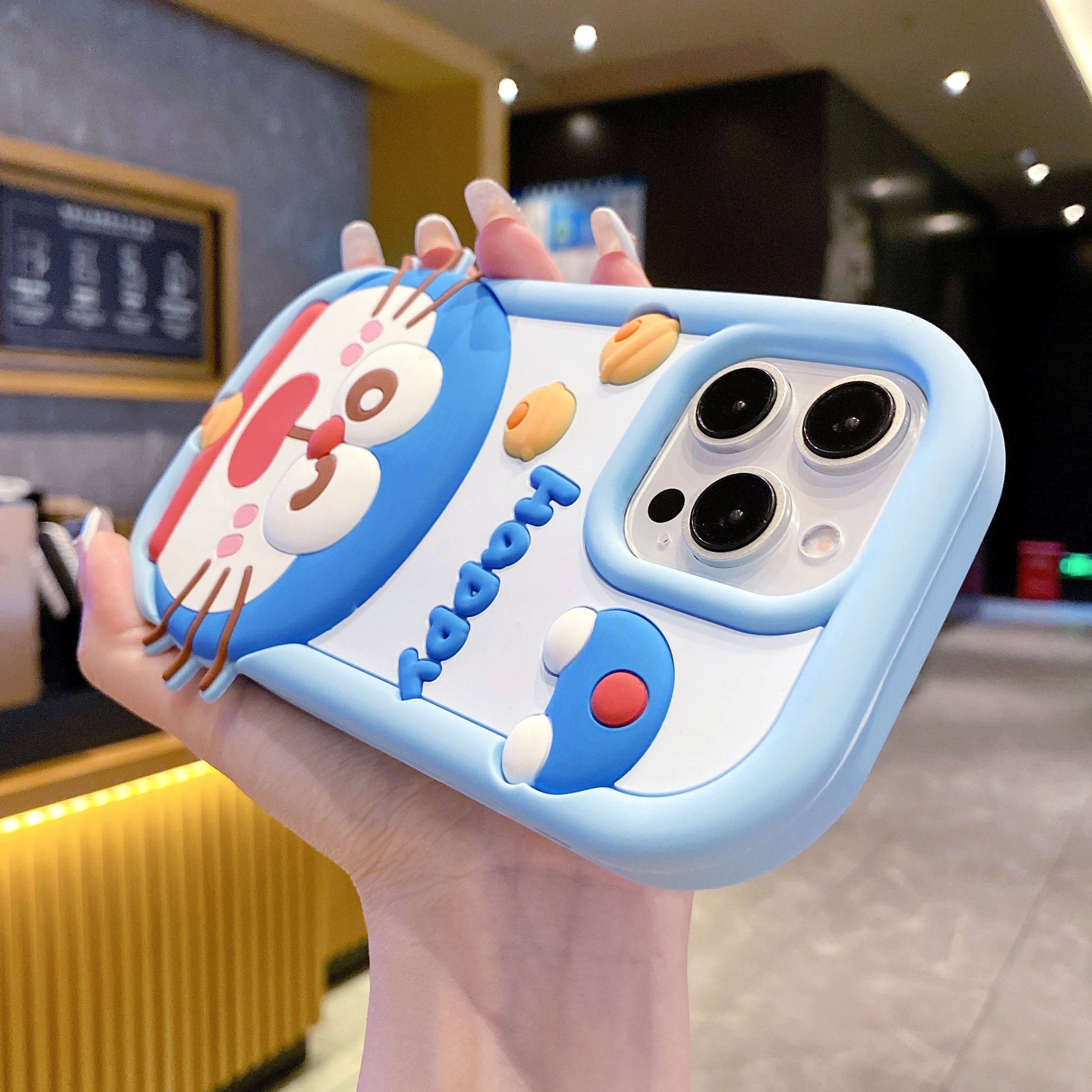 Happy Doraemon Silicon Phone Case For iPhone 15 Plus (Universal Camera Cut)