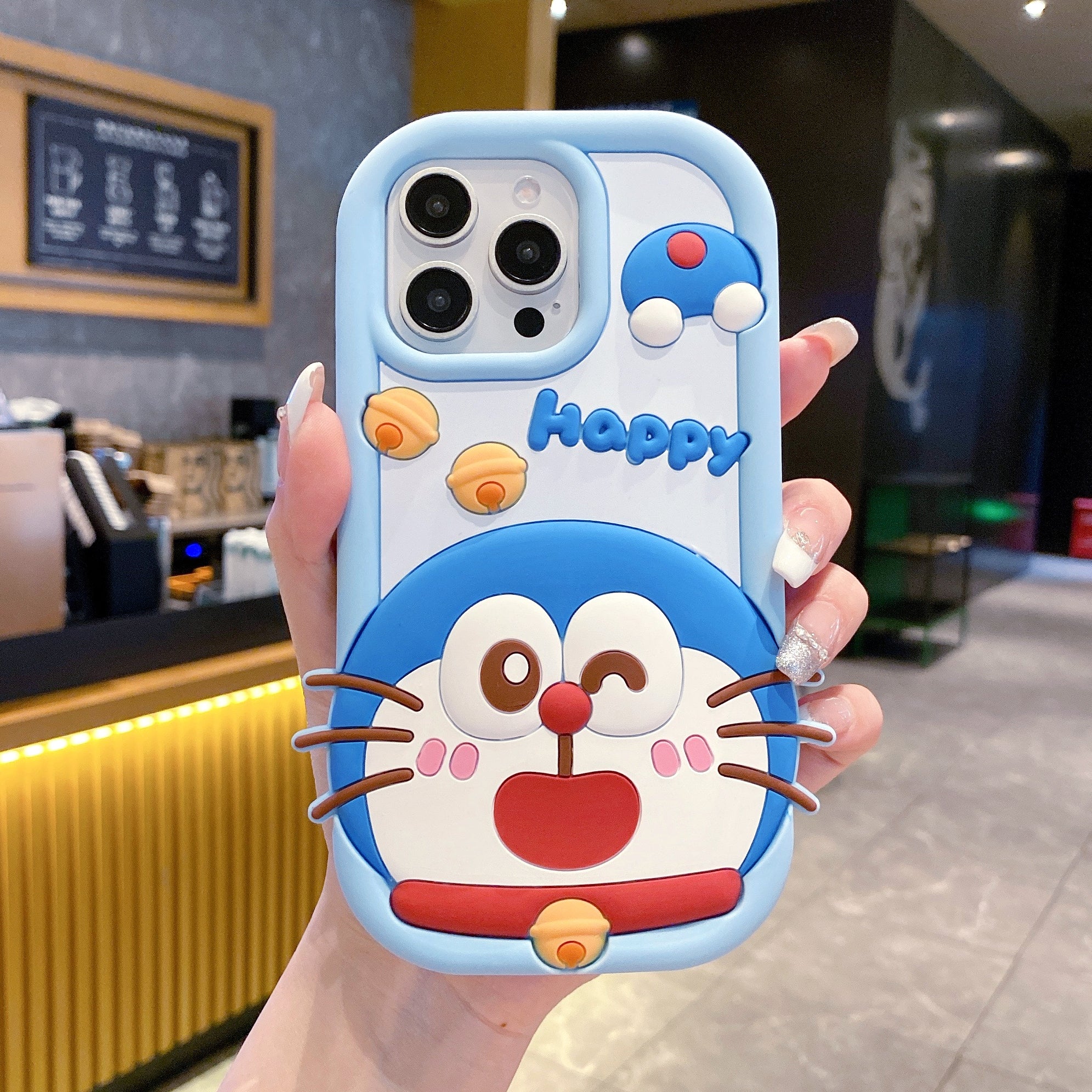 Happy Doraemon Silicon Phone Case For iPhone 15 Plus (Universal Camera Cut)