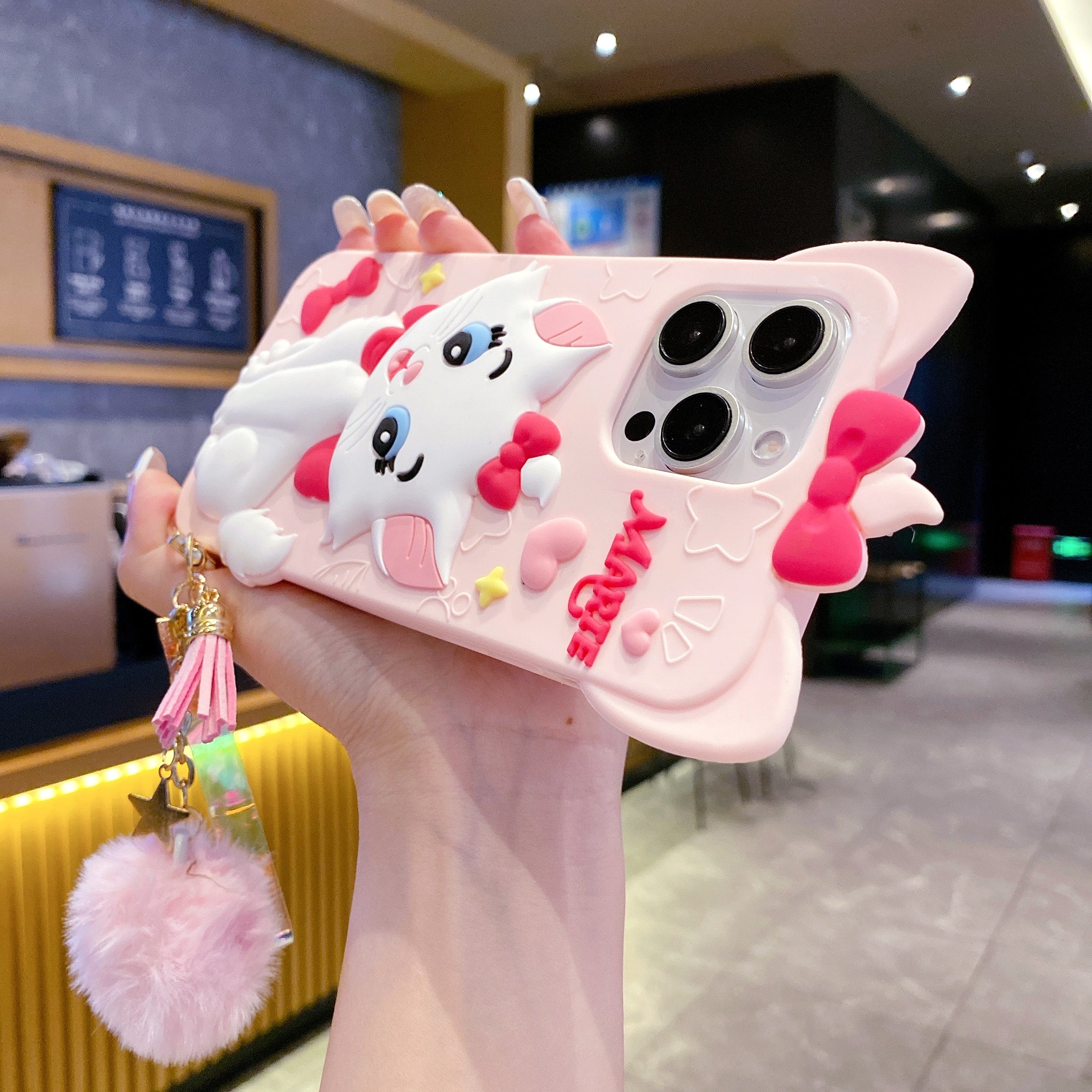Disney Marie Cat With Fur Charm Silicon Phone Cases For iPhone 16 Pro Max