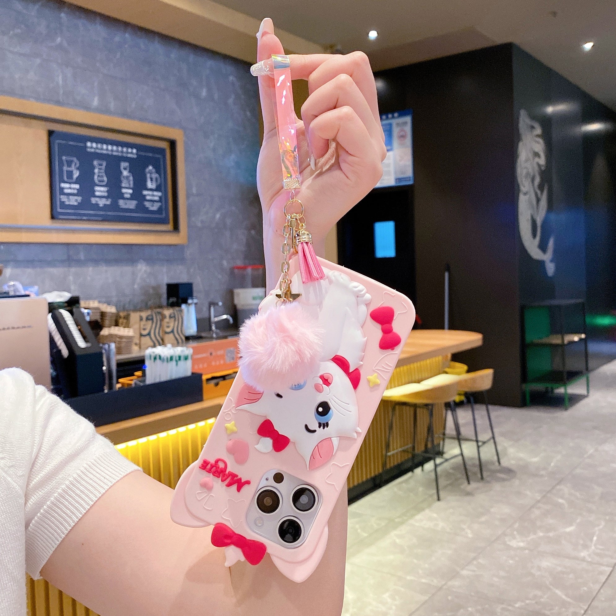 Disney Marie Cat With Fur Charm Silicon Phone Cases For iPhone 14 Pro Max