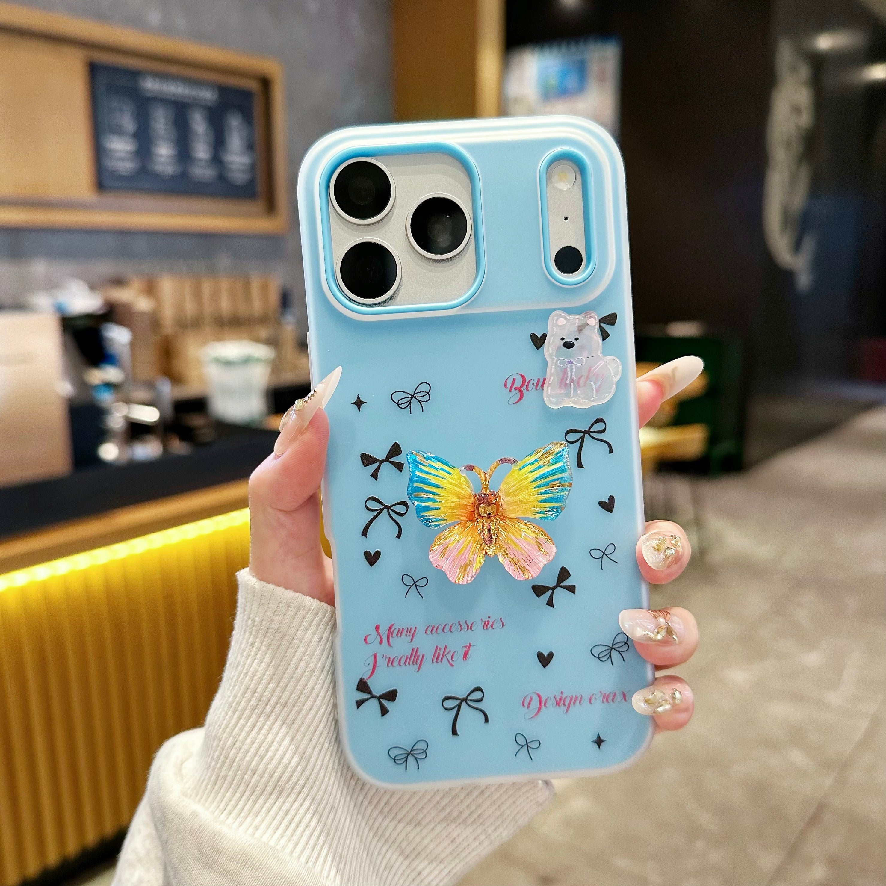 Sky Blue Flutter Coquette Luxury Handcrafted Butterfly & Bow Motif Silicone Phone Case