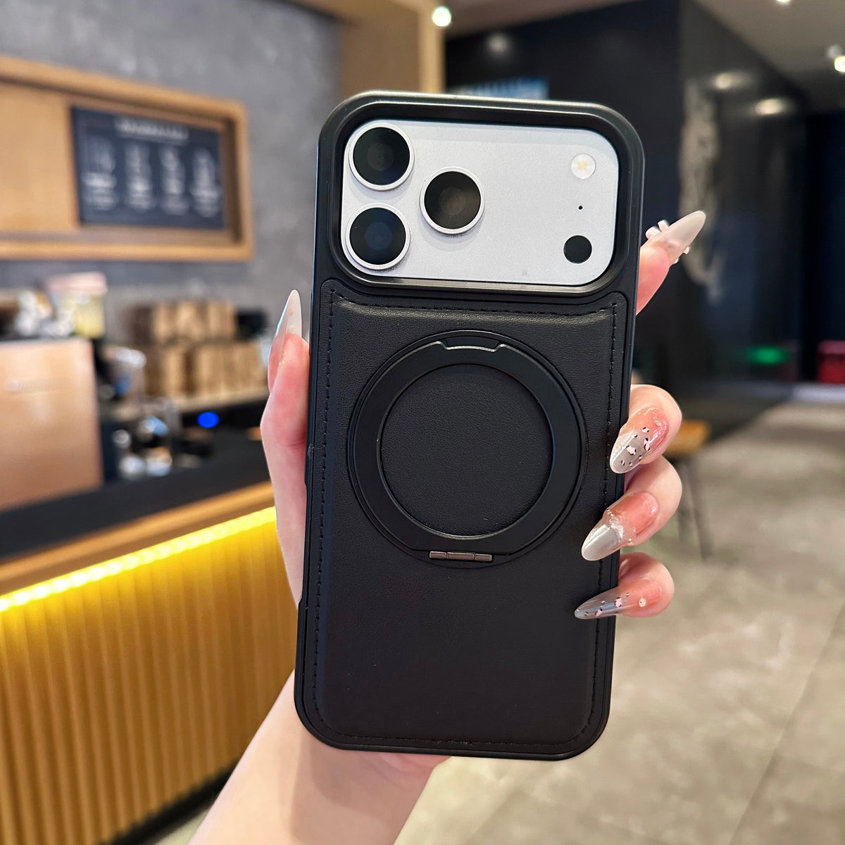 Black vegan leather MagSafe iPhone case with ring stand - view 3