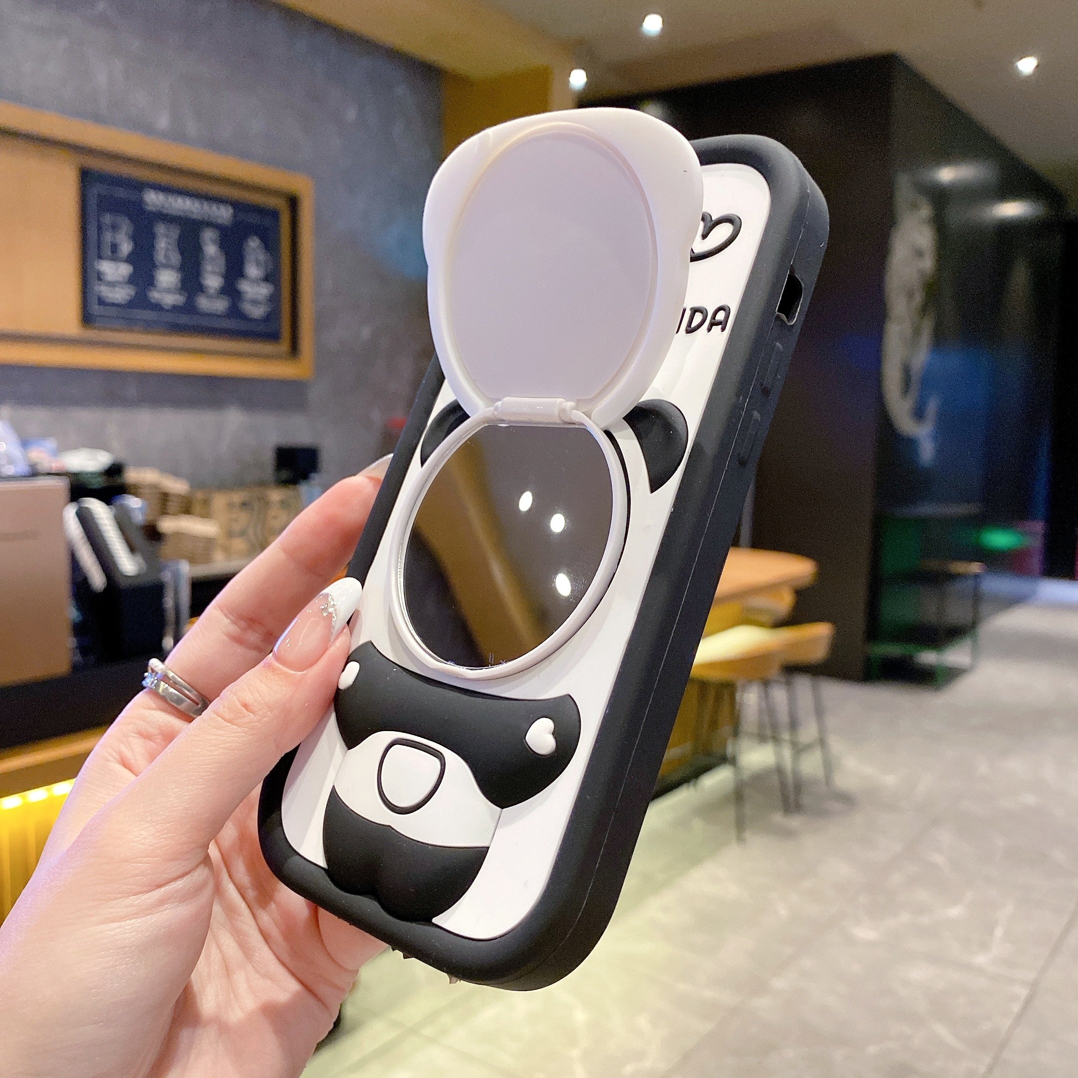 Cute Panda With Mirror Stand Silicon Phone Case For iPhone 16 Pro Max