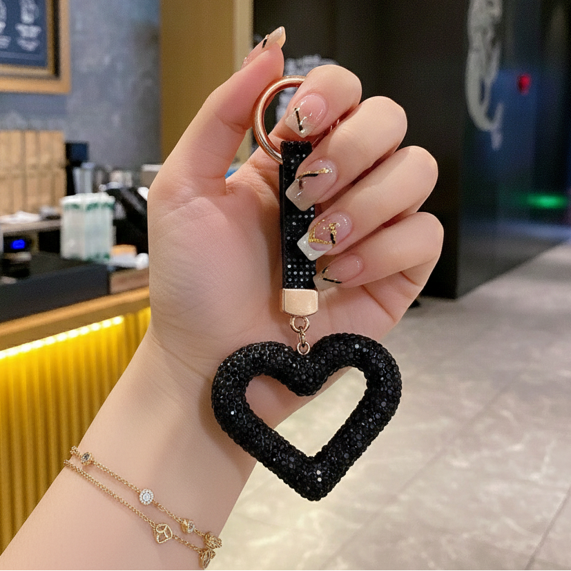 JetBlackCrystalHeartPhoneCharm-LuxuryBlingKeychainforBackpacks_Purses