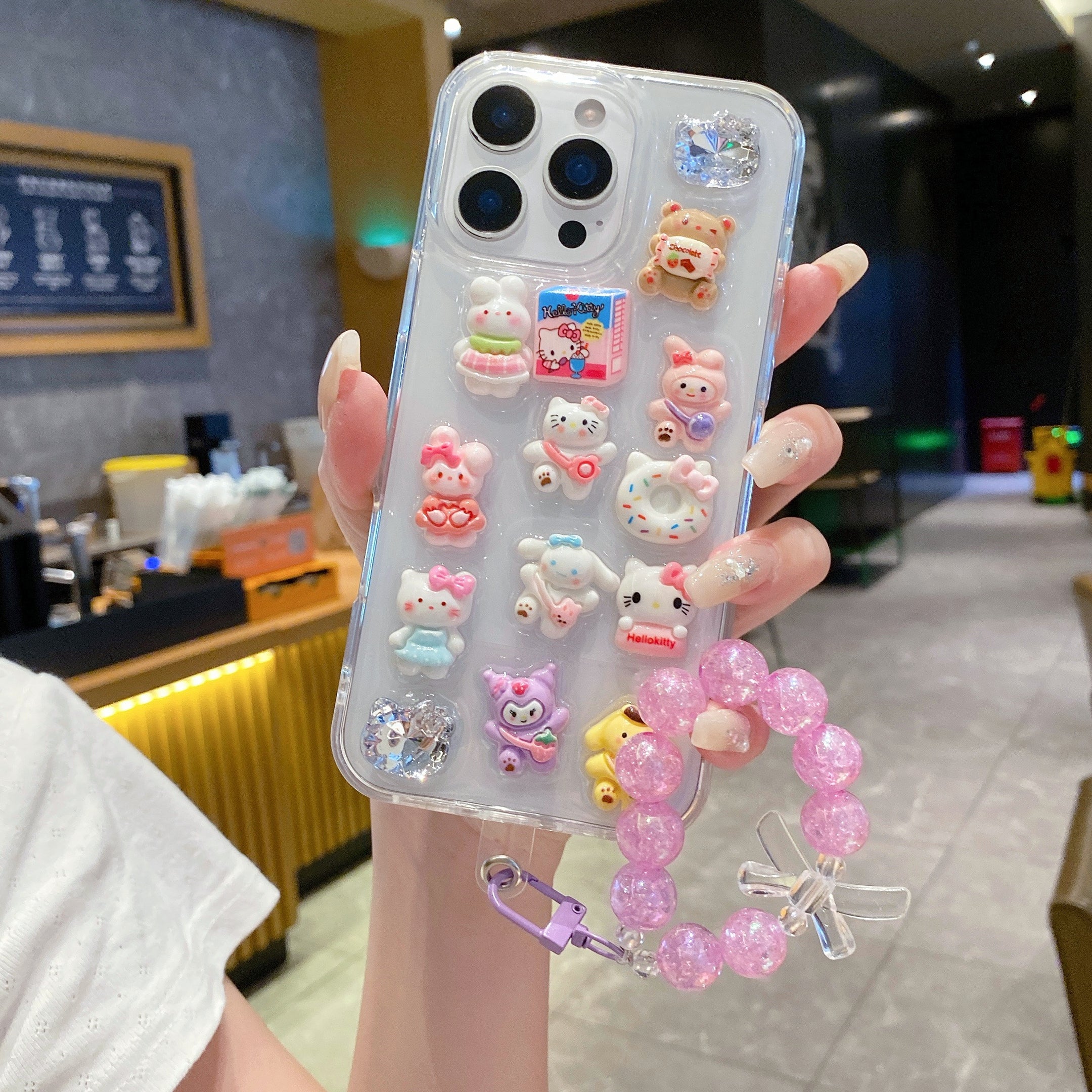Kawaii 3D Cartoon Case with Pink Bead Strap – Trendy Girly Design For iPhone 13