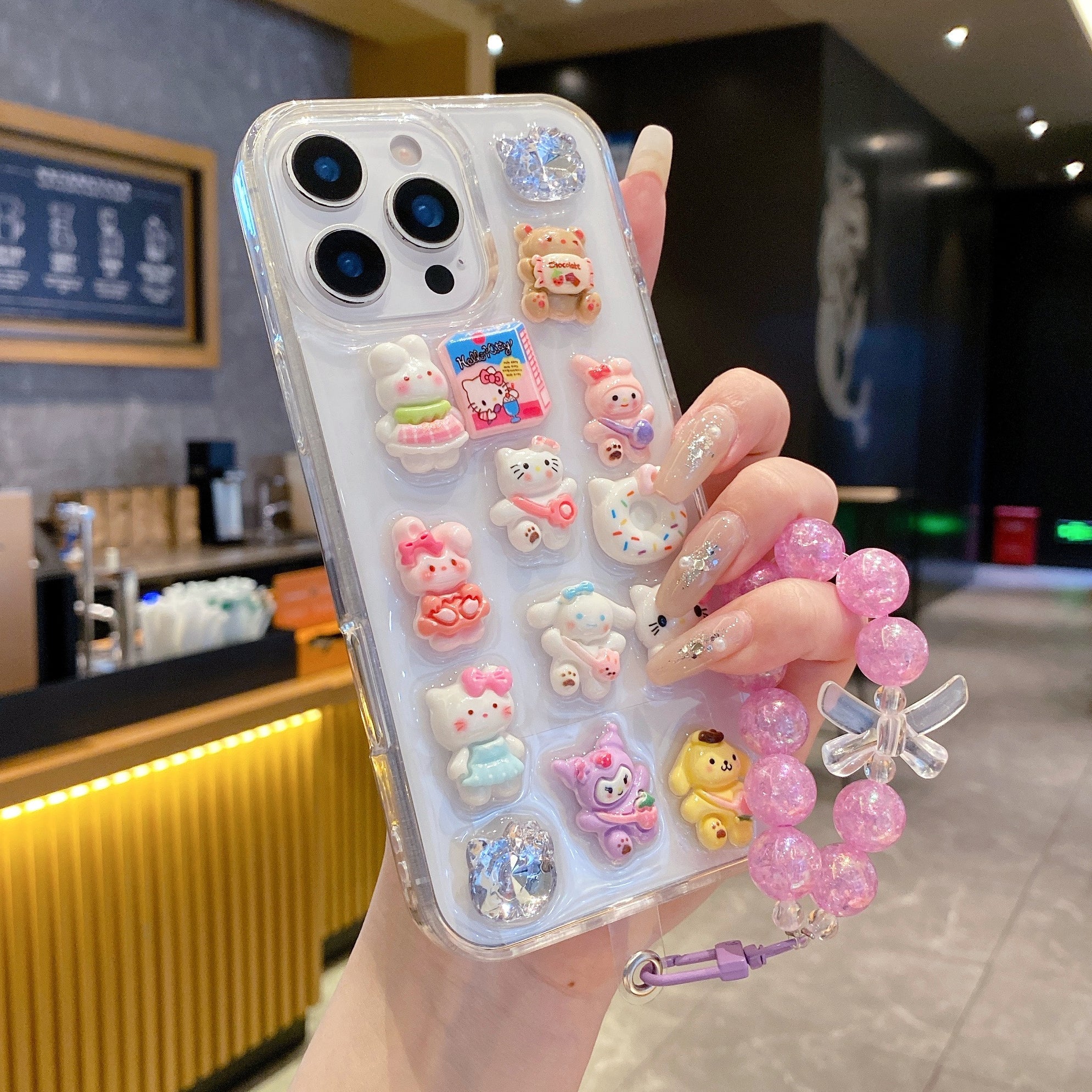 Kawaii 3D Cartoon Case with Pink Bead Strap – Trendy Girly Design For iPhone 15
