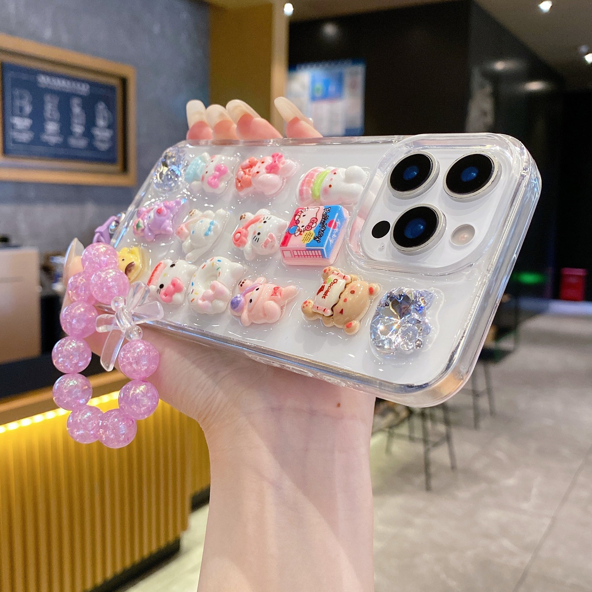 Kawaii 3D Cartoon Case with Pink Bead Strap – Trendy Girly Design For iPhone 13