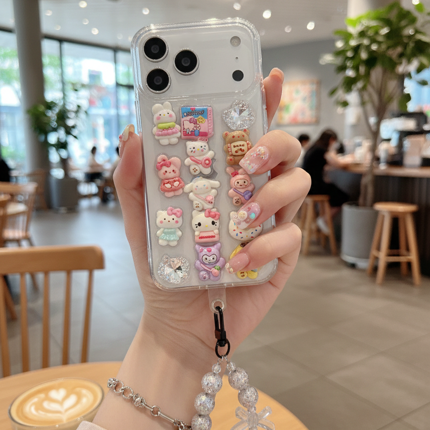 Kawaii 3D Cartoon Case with Pink Bead Strap – Trendy Girly Design For iPhone 17 Pro Max
