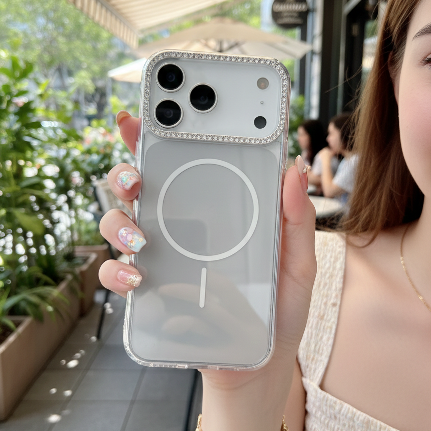 Luxury Crystal MagSafe Case - Premium Silver Rhinestone Camera Protector & Magnetic Phone Shield Case