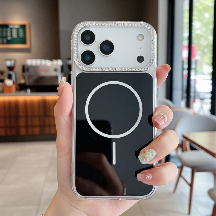 Luxury Black Rhinestone MagSafe Case - Premium Silver Crystal Camera Protector & Magnetic Phone Shield Case