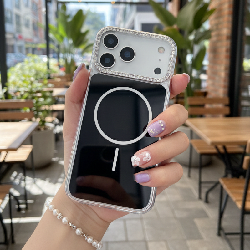 Luxury Black Rhinestone MagSafe Case - Premium Silver Crystal Camera Protector & Magnetic Phone Shield Case