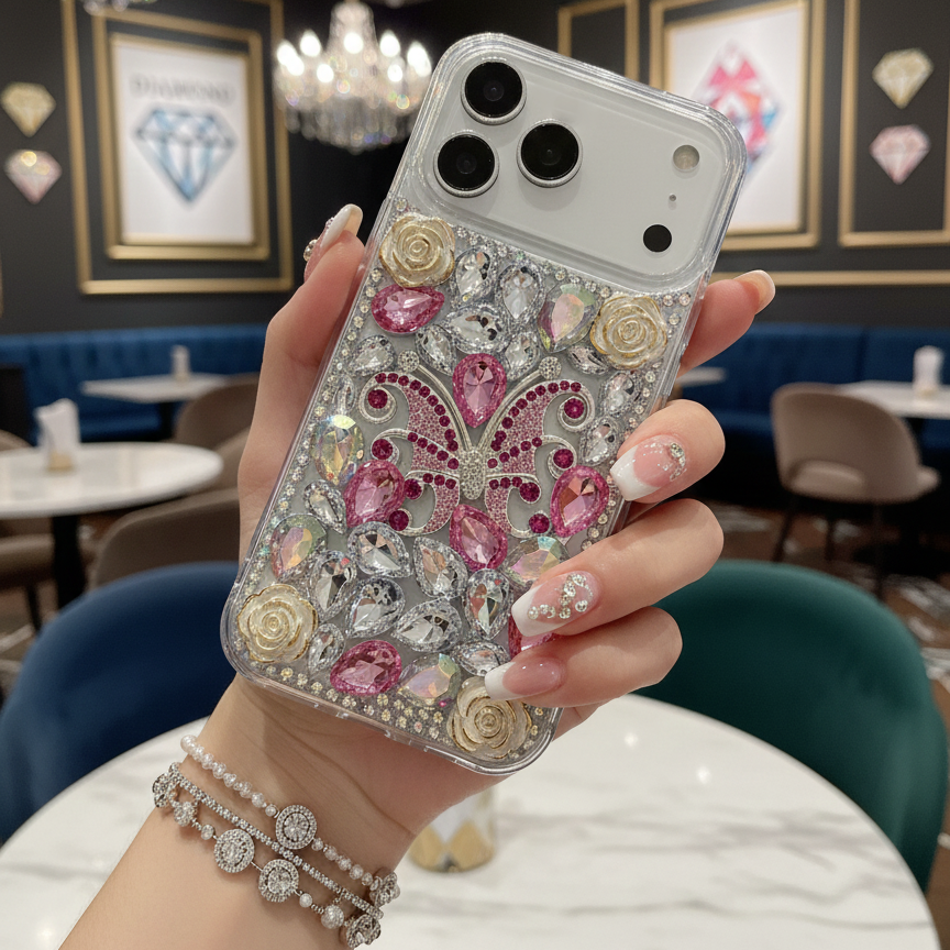 Luxury Crystal Diamond Butterfly Bling Phone Case For iPhone 17 Pro Max