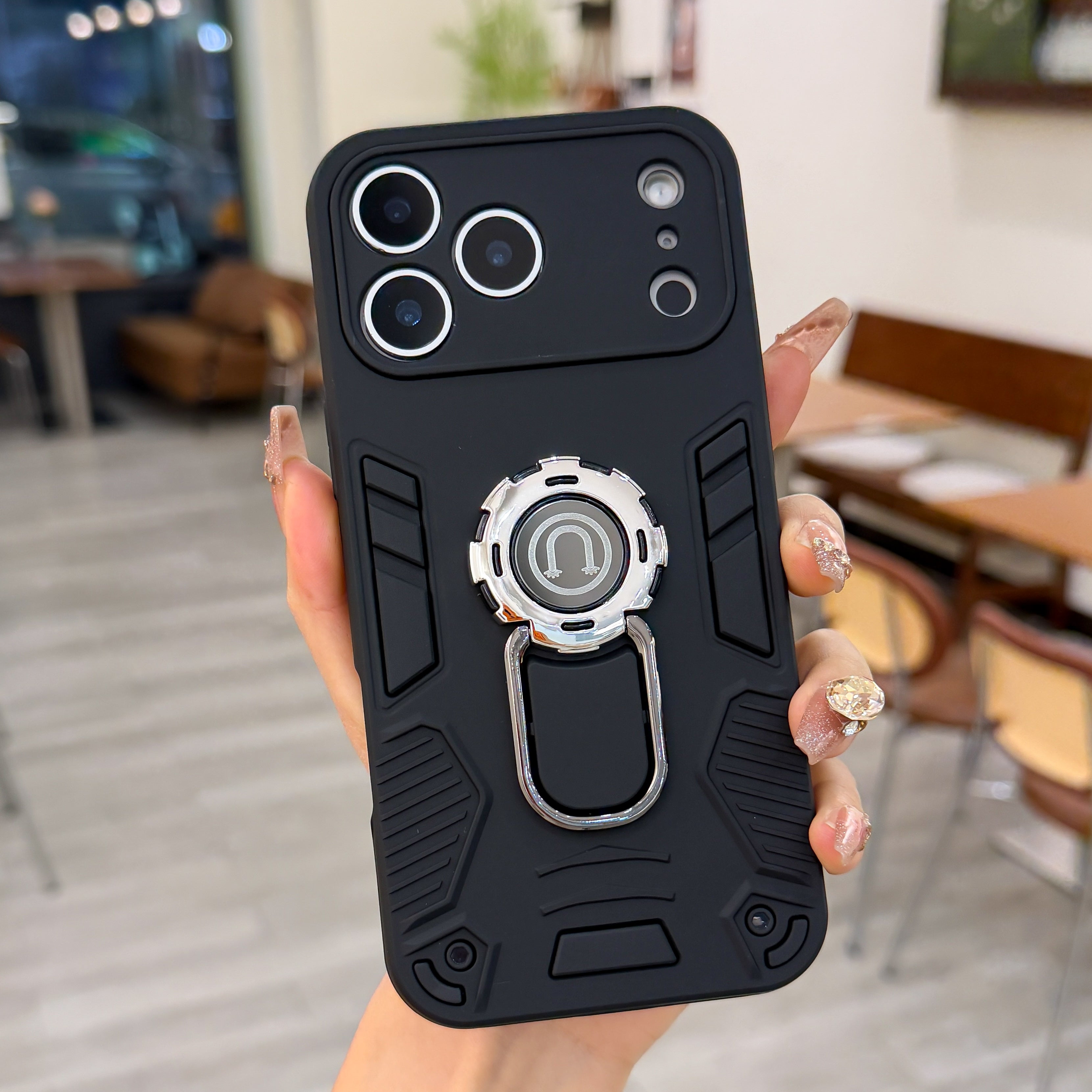 Matte Black Heavy Duty Armor Case with Magnetic Ring Kickstand Case For iPhone 17 Pro