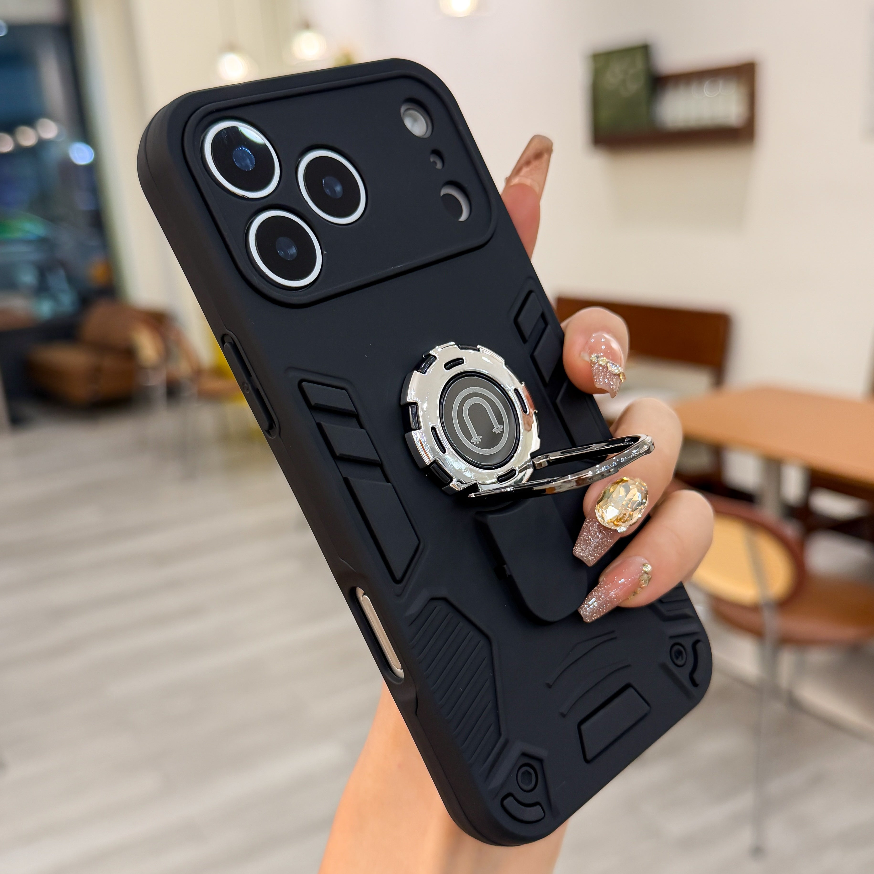 Matte Black Heavy Duty Armor Case with Magnetic Ring Kickstand Case For iPhone 17 Pro