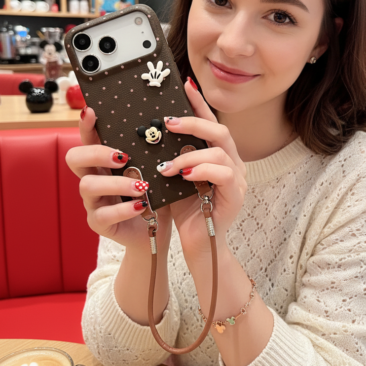 Mickey Mouse Polka Dot Leather Strap Phone Case