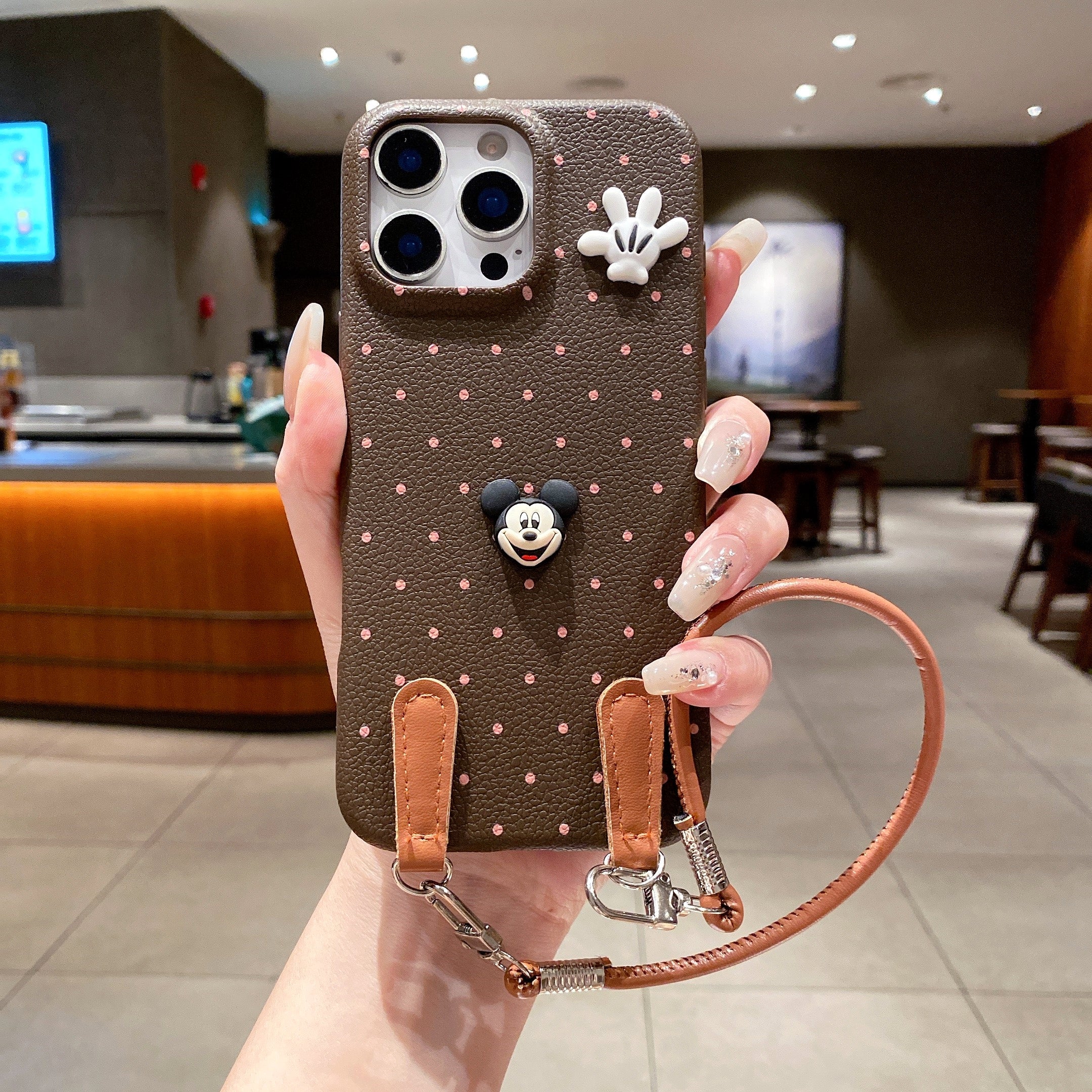 Mickey Mouse Polka Dot Leather Strap Phone Case For iPhone 17 Pro Max