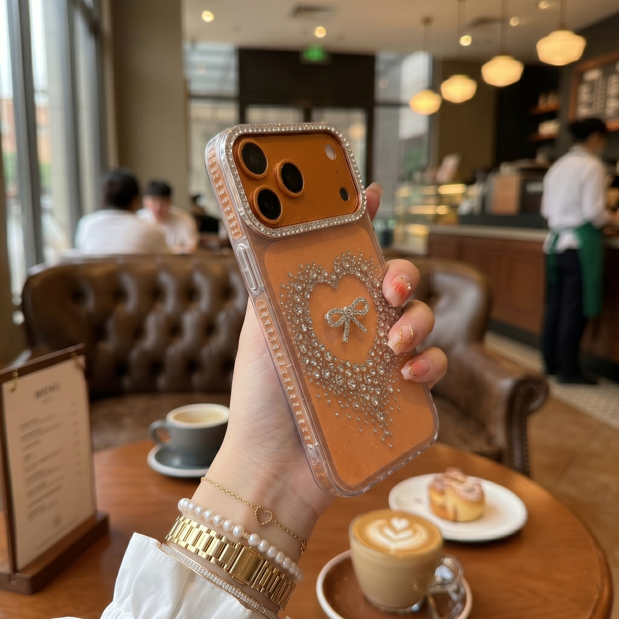 Stardust Heart Shimmer Case Luxury Orange Ribbon & Glitter Shield