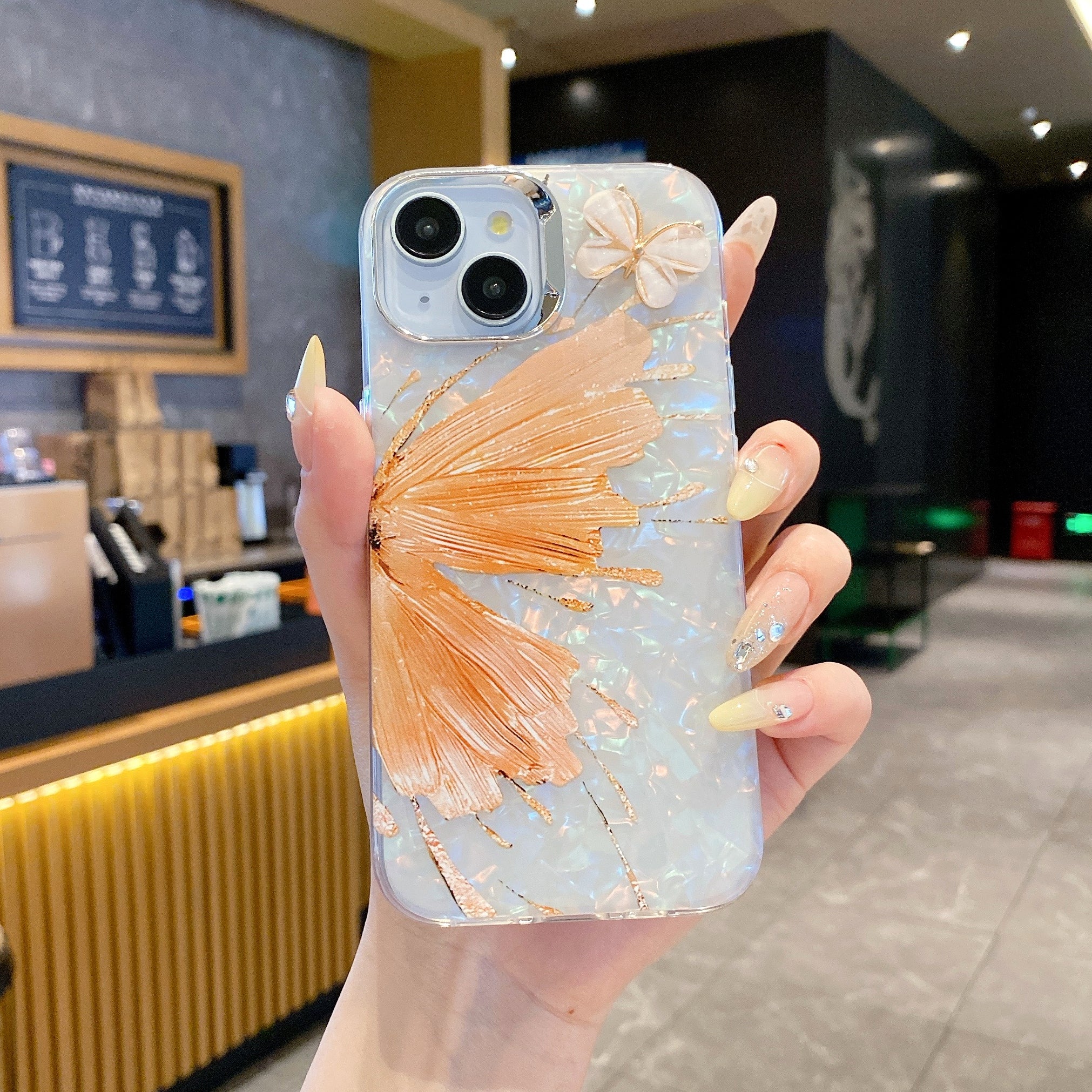 Orange Butterfly With Steel Camera Protection With Bracelet For iPhone 15