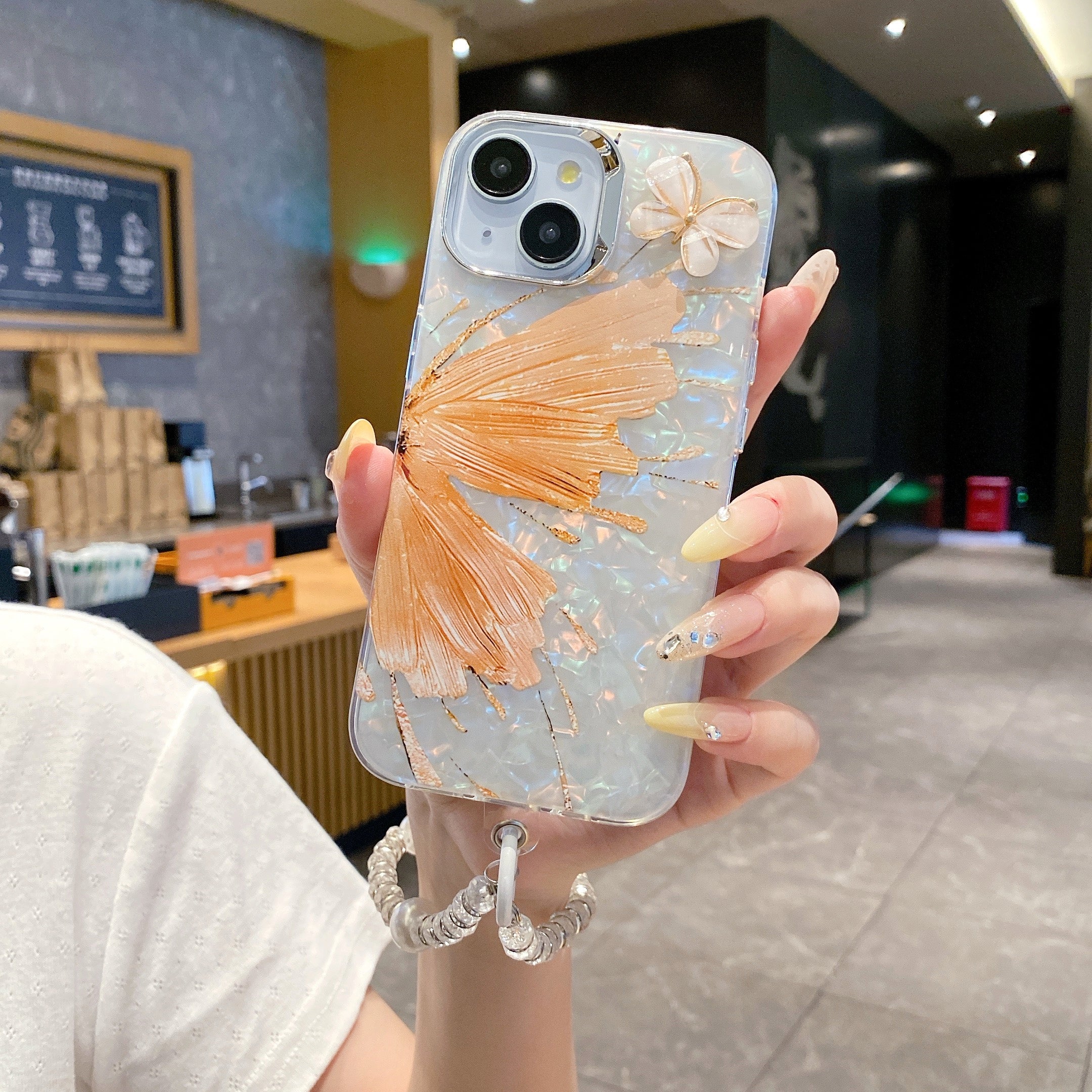 Orange Butterfly With Steel Camera Protection With Bracelet For iPhone 15