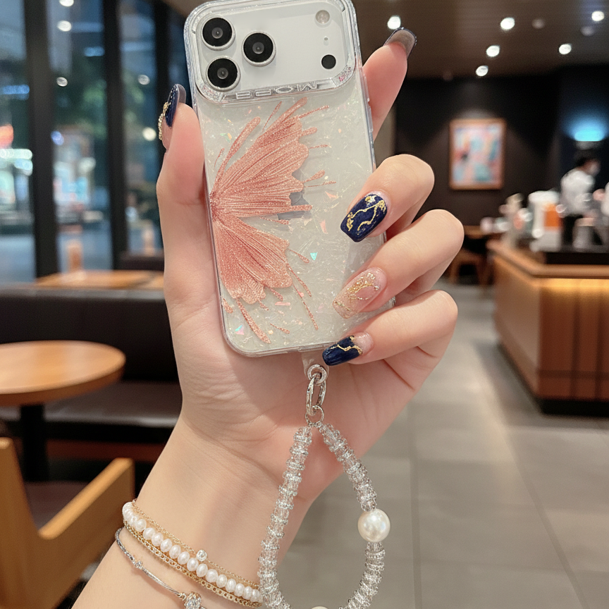 Orange Butterfly With Steel Camera Protection With Bracelet For iPhone 17 Pro Max