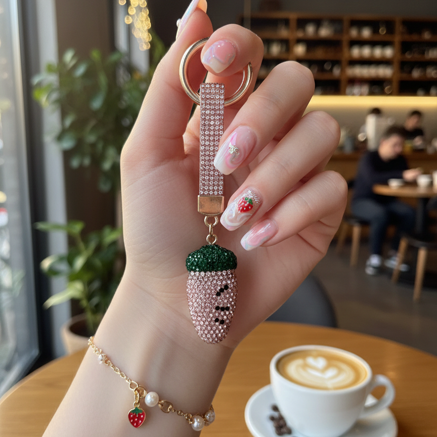 Pastel Pink & Green Crystal Strawberry Phone Charm - Luxury Bling Keychain for Backpacks & Purses