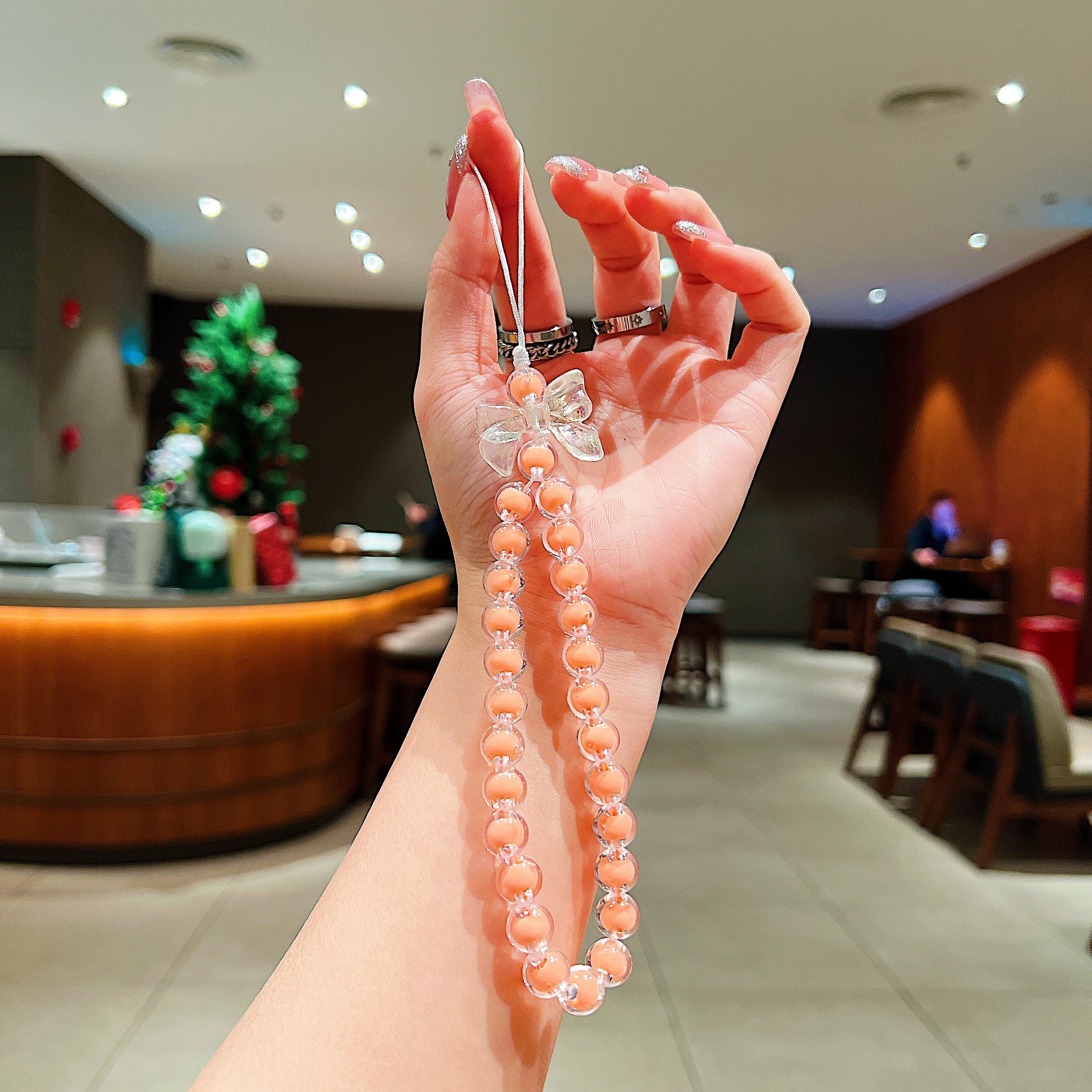 Peach Ribbon Beaded Phone Charm