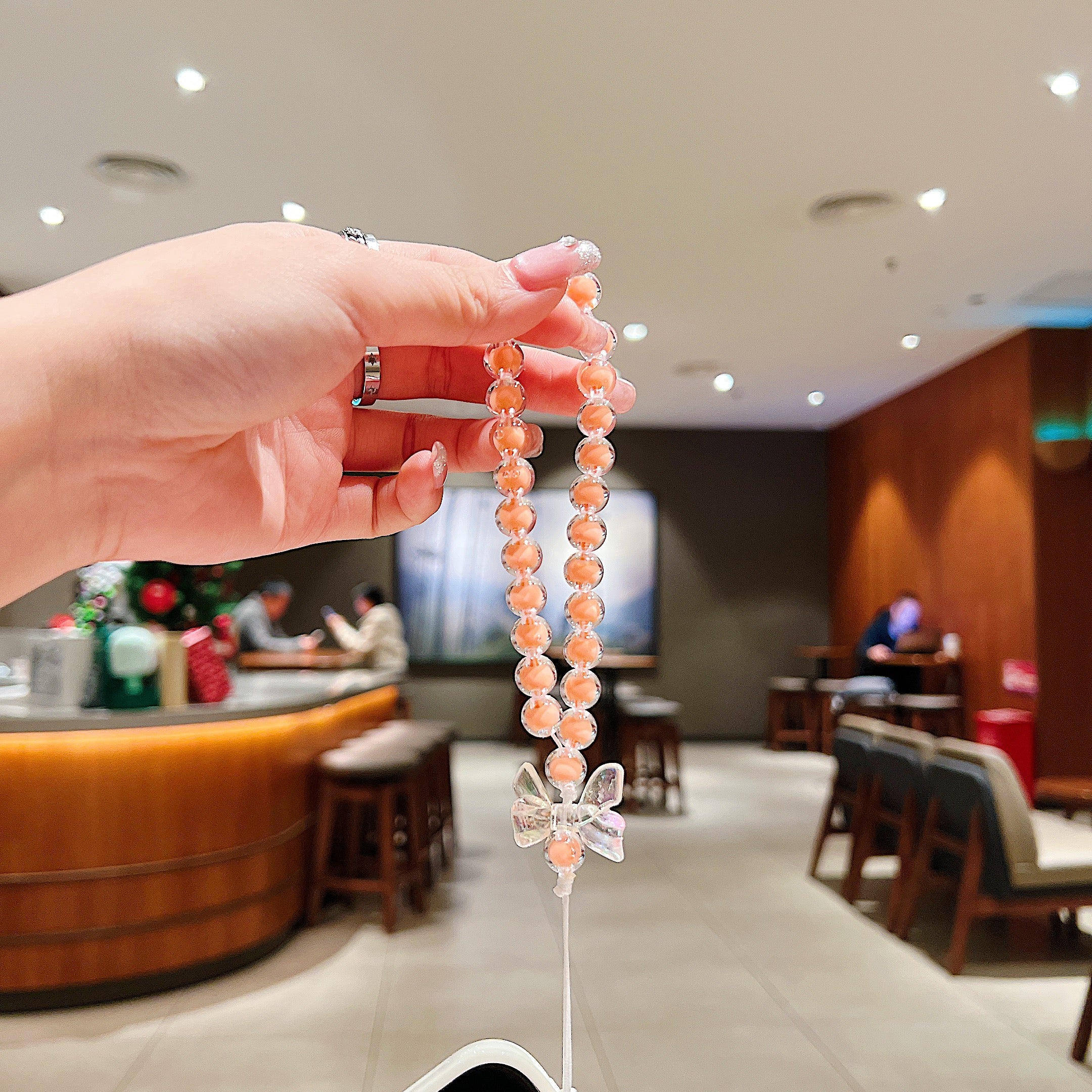 Peach Ribbon Beaded Phone Charm