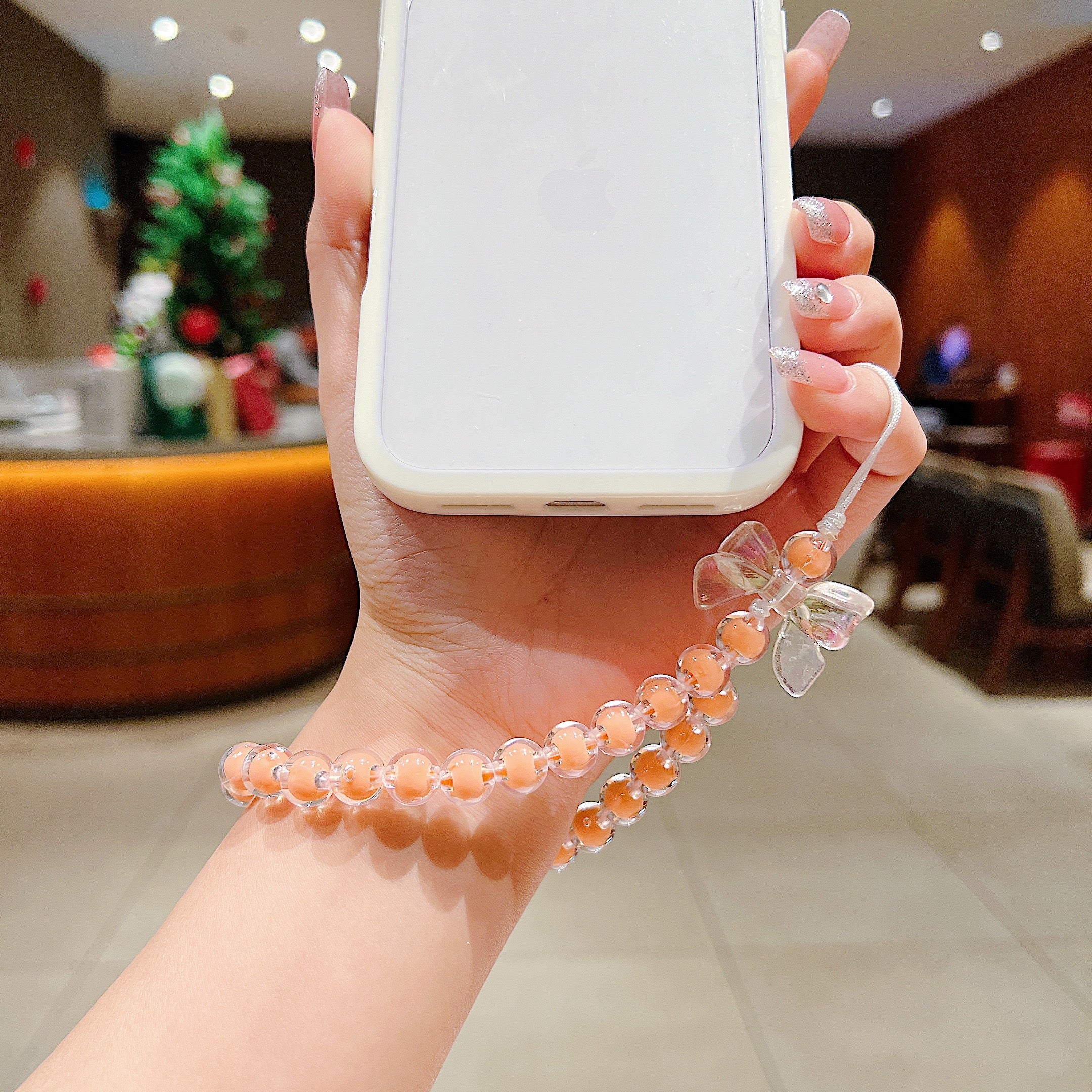 Peach Ribbon Beaded Phone Charm