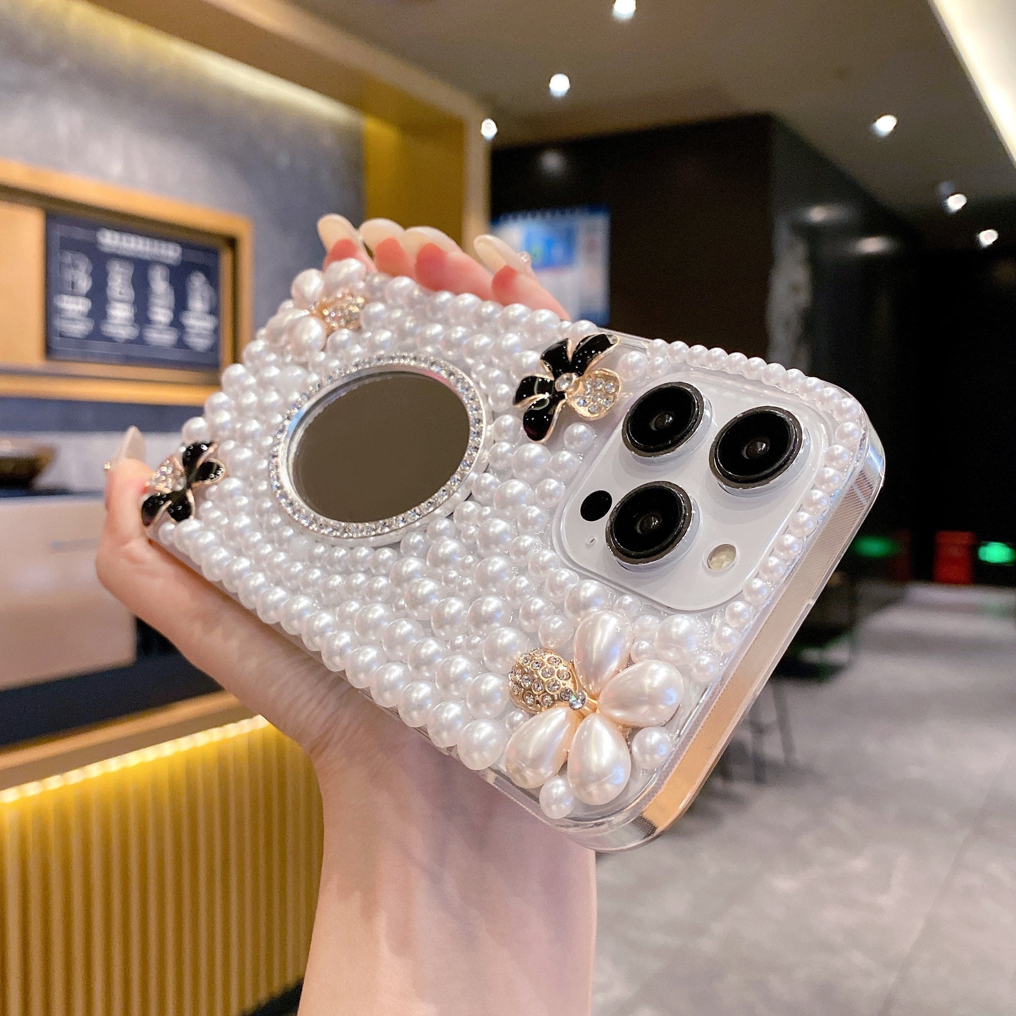 Pearl With Mirror Silicon Phone Case For iPhone 14