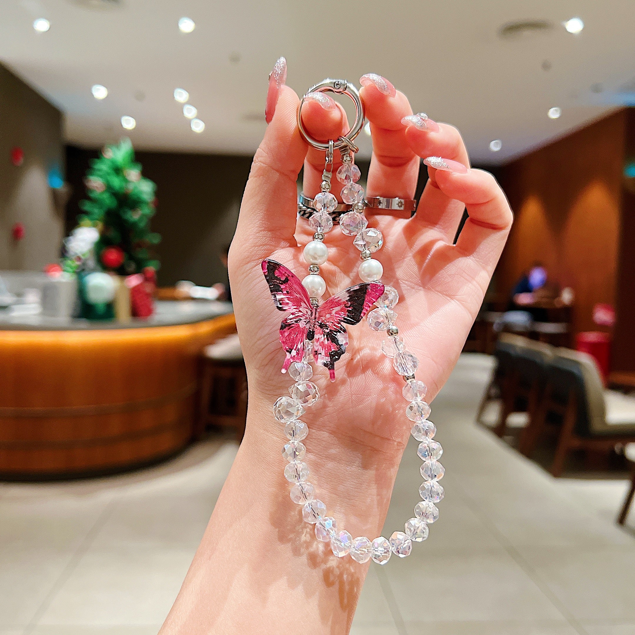 Pink Butterfly Beaded Phone Charm