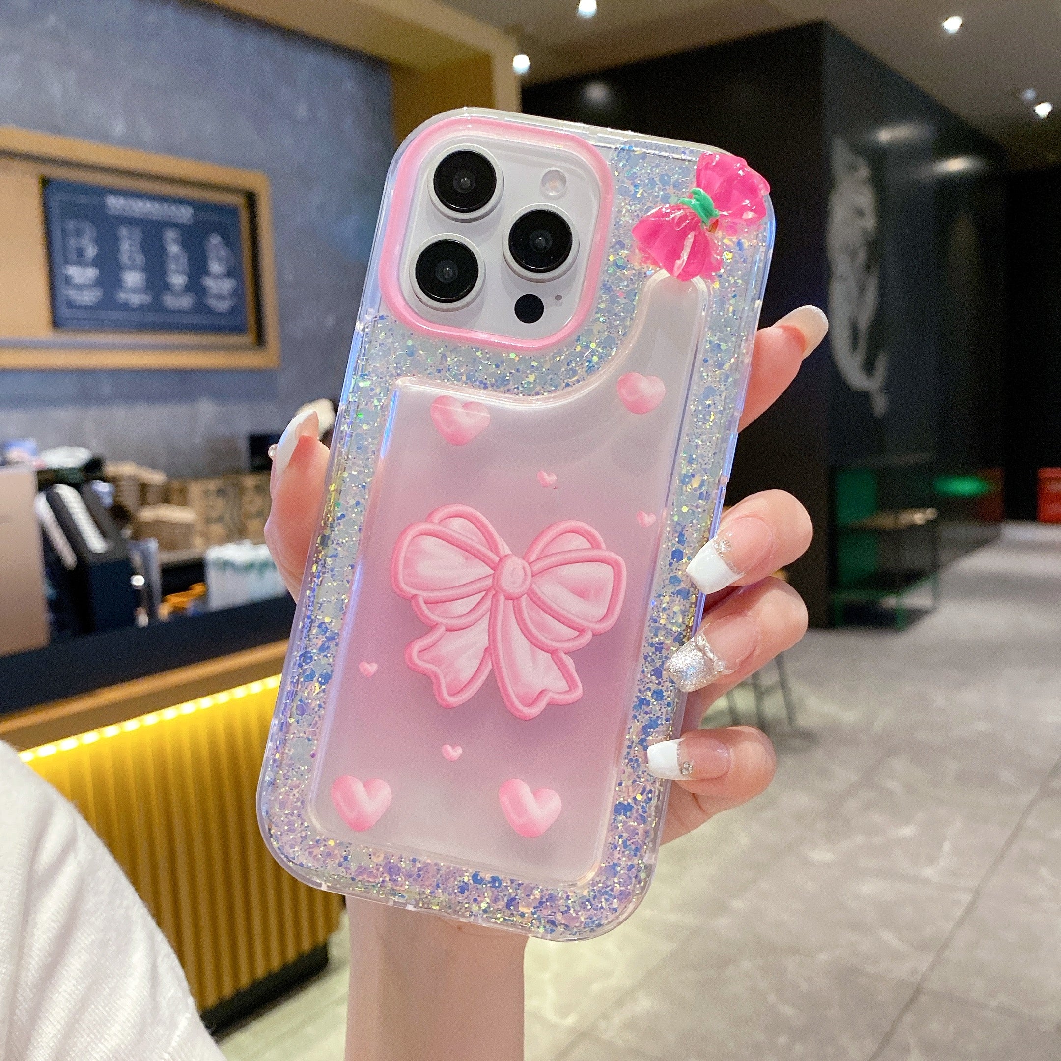 Pink Bow With Glitter Silicon Phone Case For iPhone 16