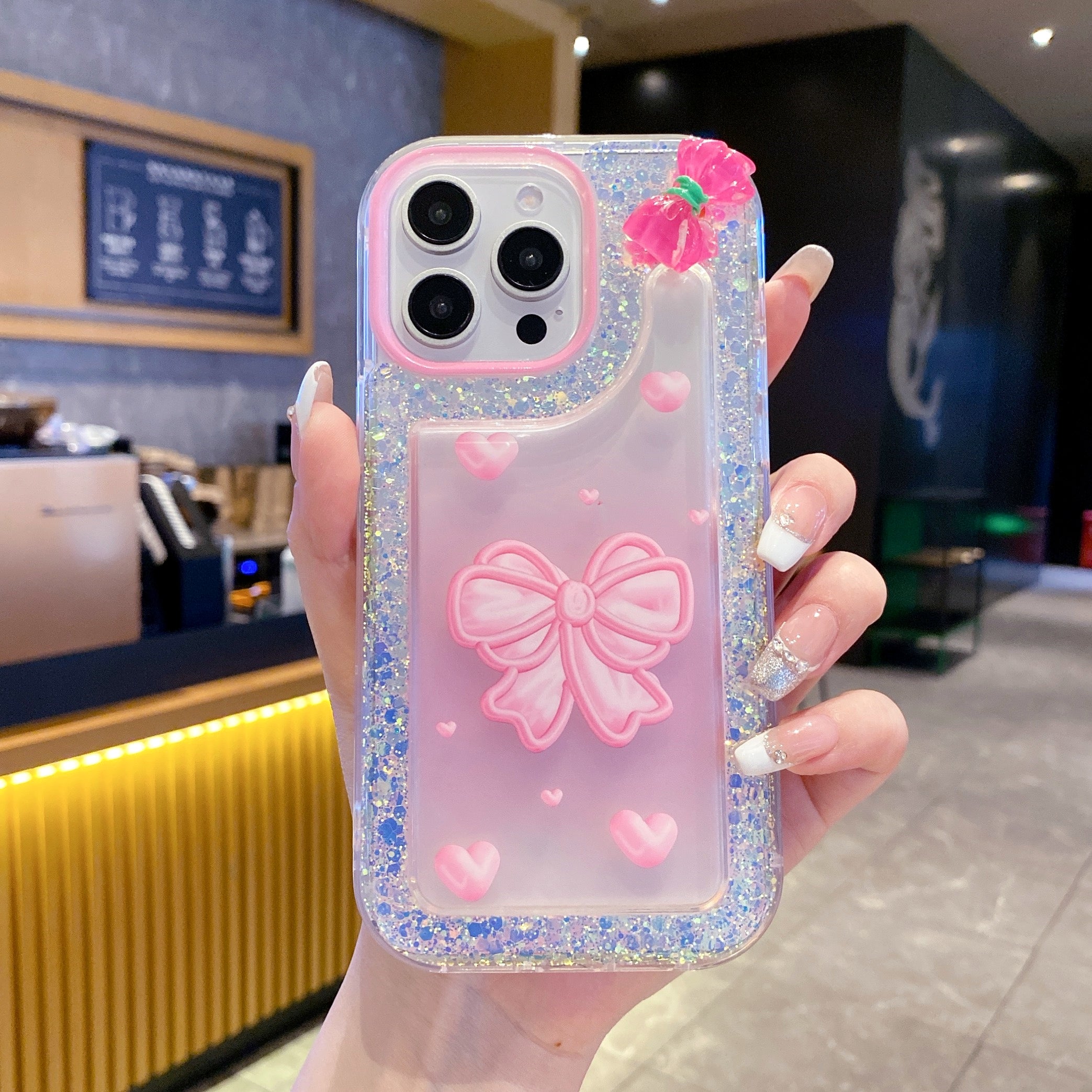 Pink Bow With Glitter Silicon Phone Case For iPhone 16