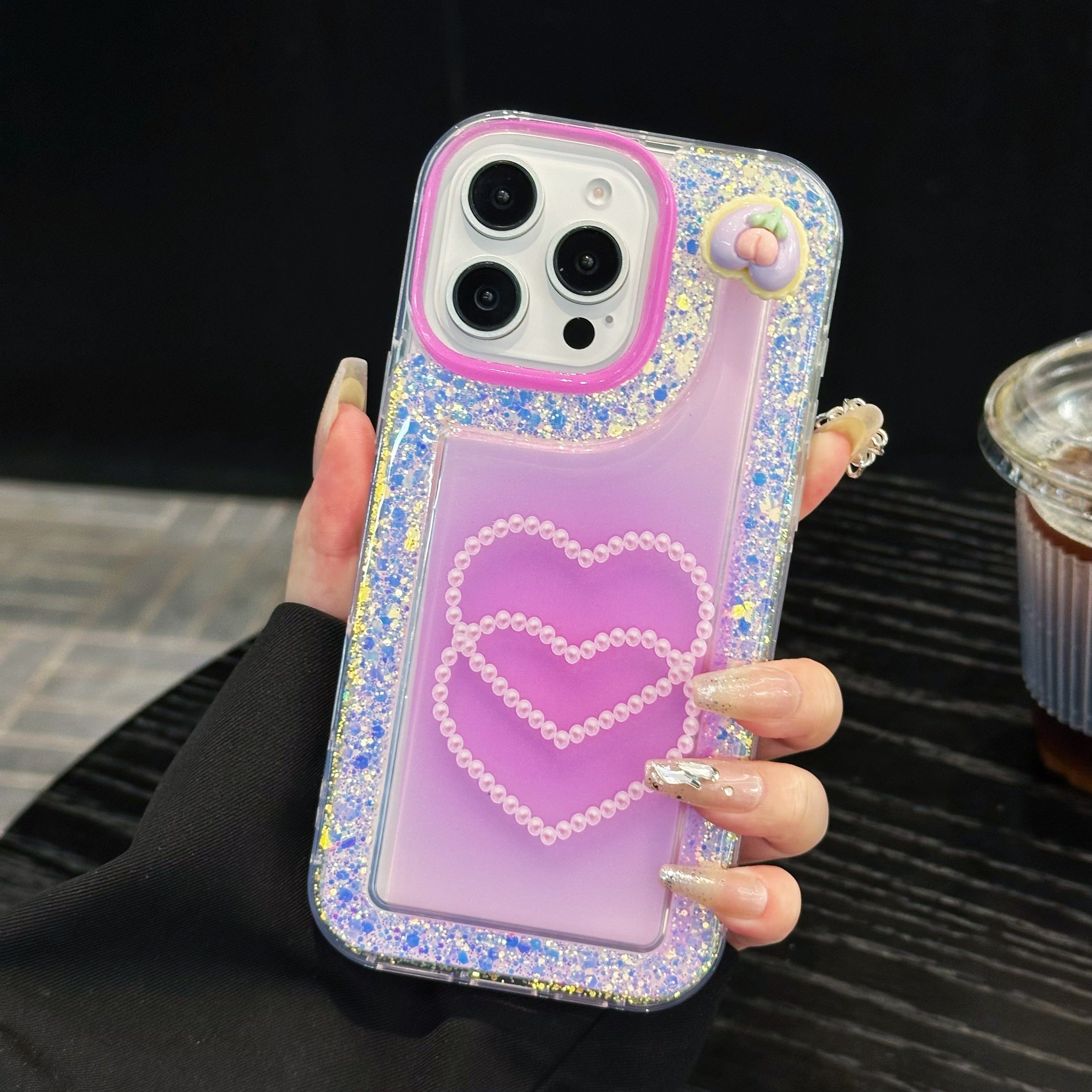 Pink Glitter Diamond Heart Silicon Phone Case For iPhone 16 Plus