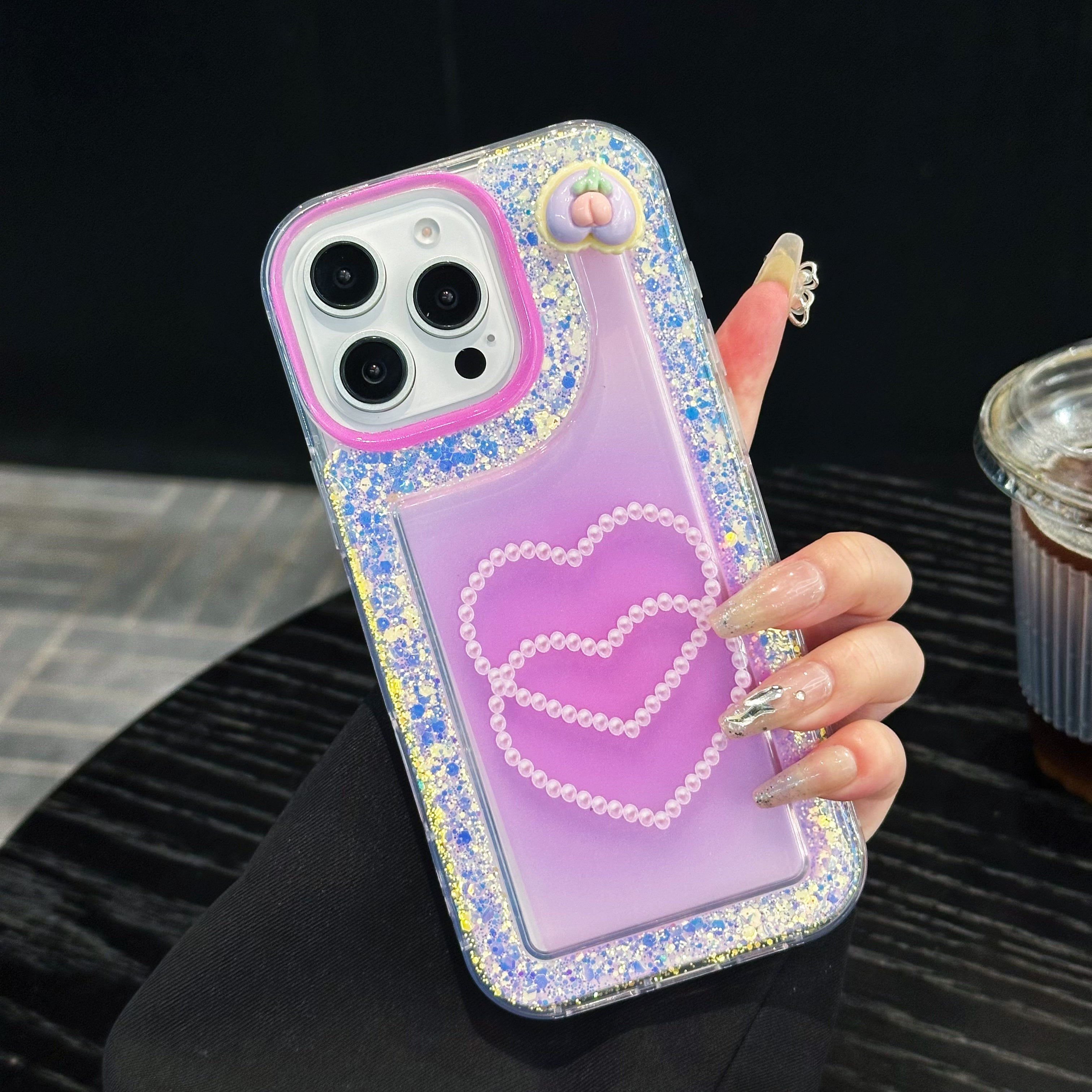 Pink Glitter Diamond Heart Silicon Phone Case For iPhone 16 Plus