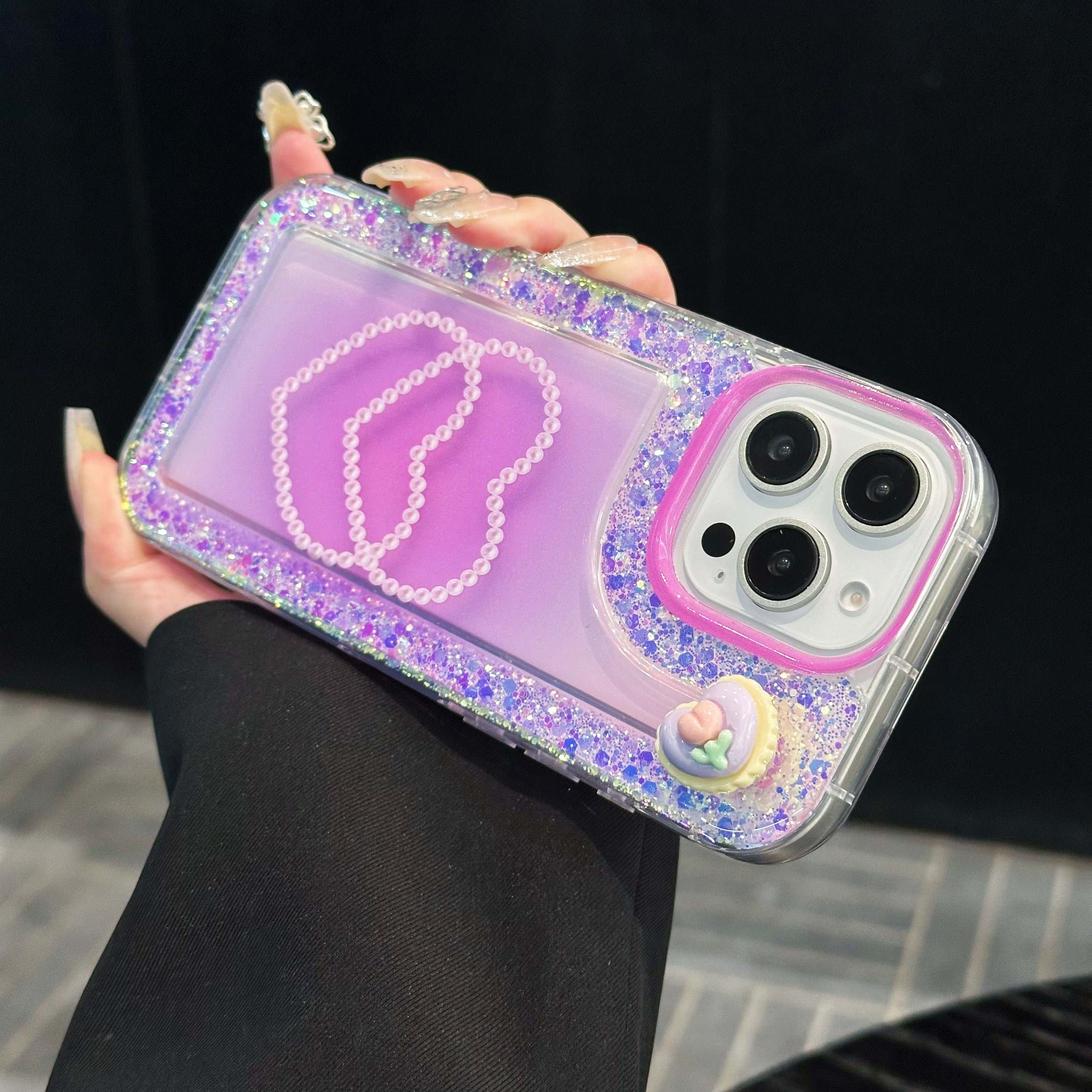 Pink Glitter Diamond Heart Silicon Phone Case For iPhone 16 Plus